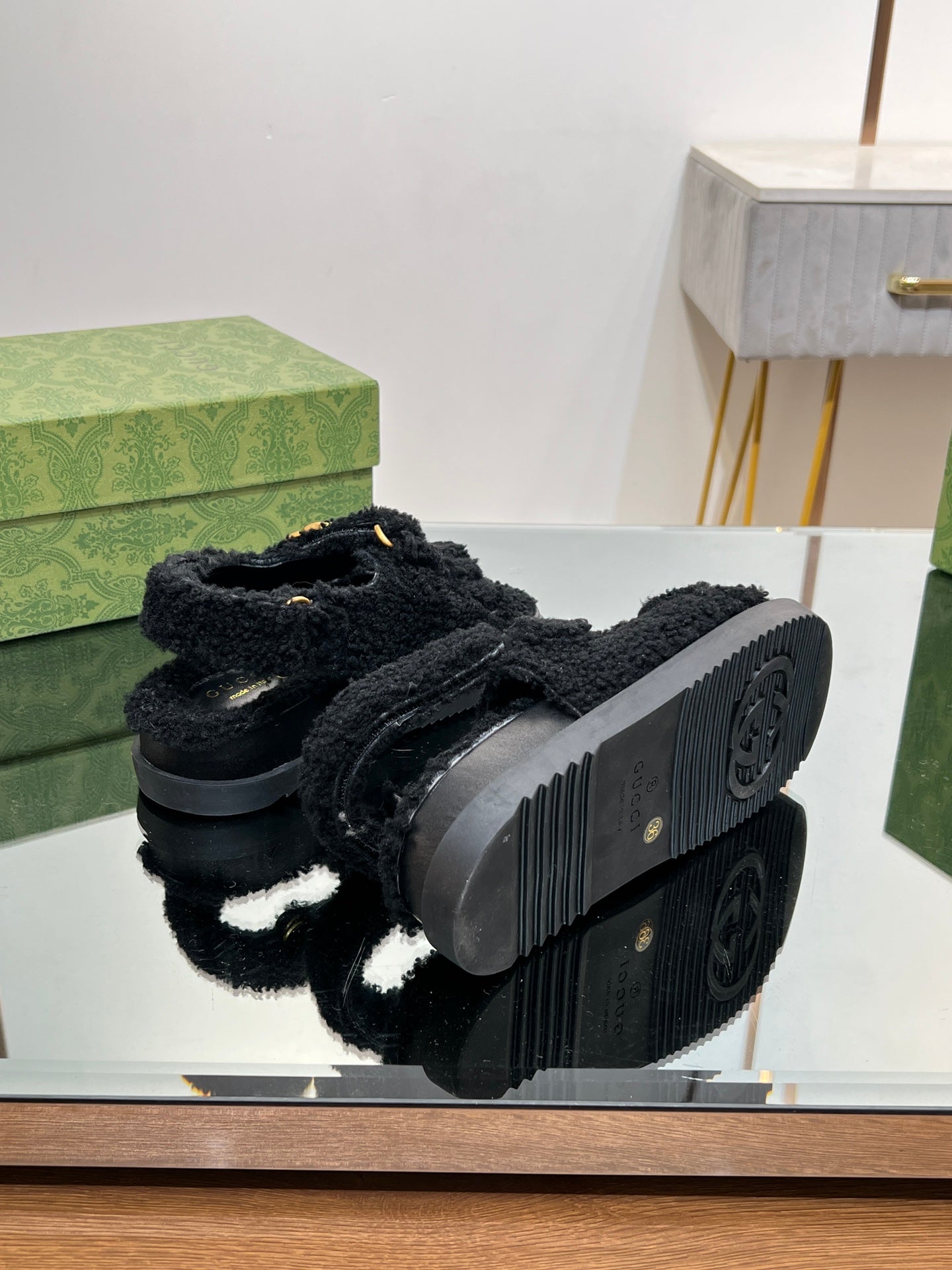 GUCCI DAD SANDALS IN BLACK FLEECE WITH GOLD HARDWARE