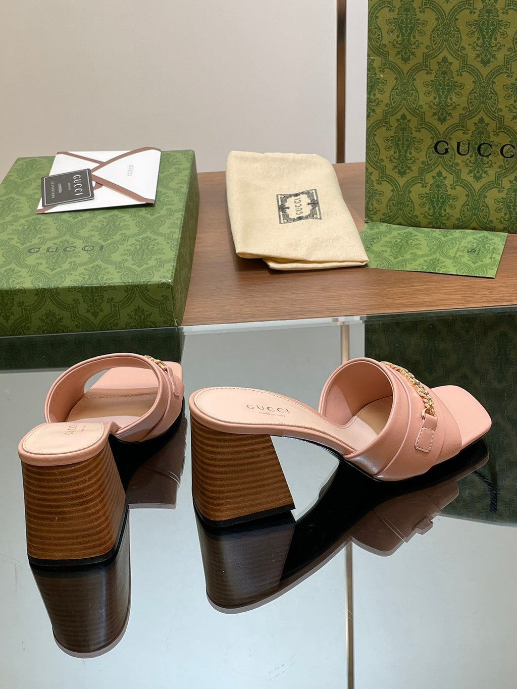 GUCCI SIGNORIA SLIDE SANDAL PASTEL PINK DENIM