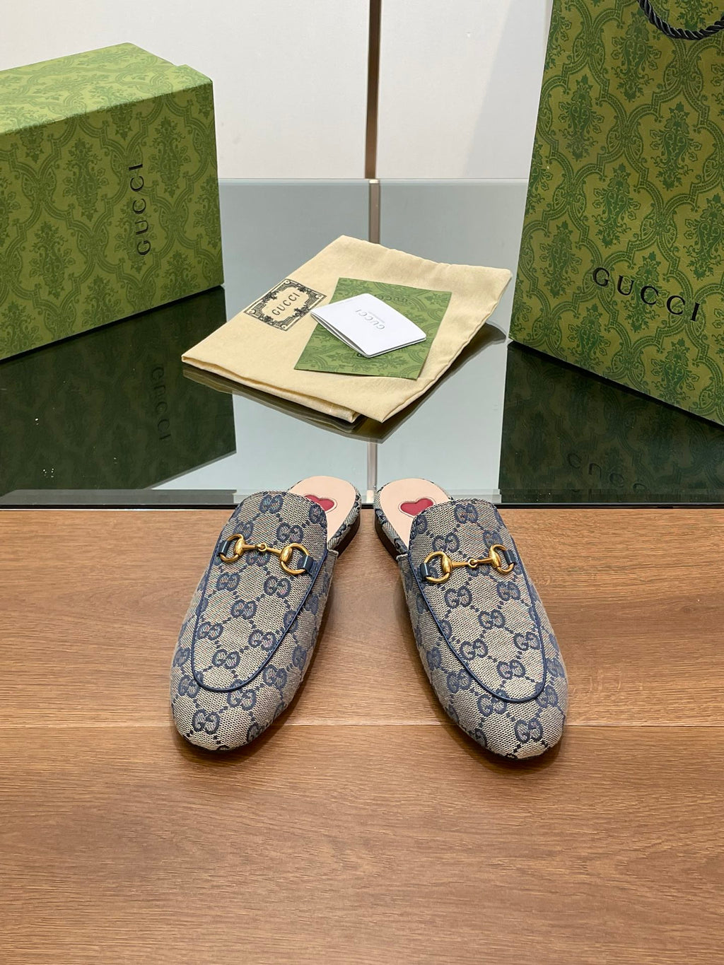 GUCCI PRINCETOWN MULES LIGHT GRAY FABRIC