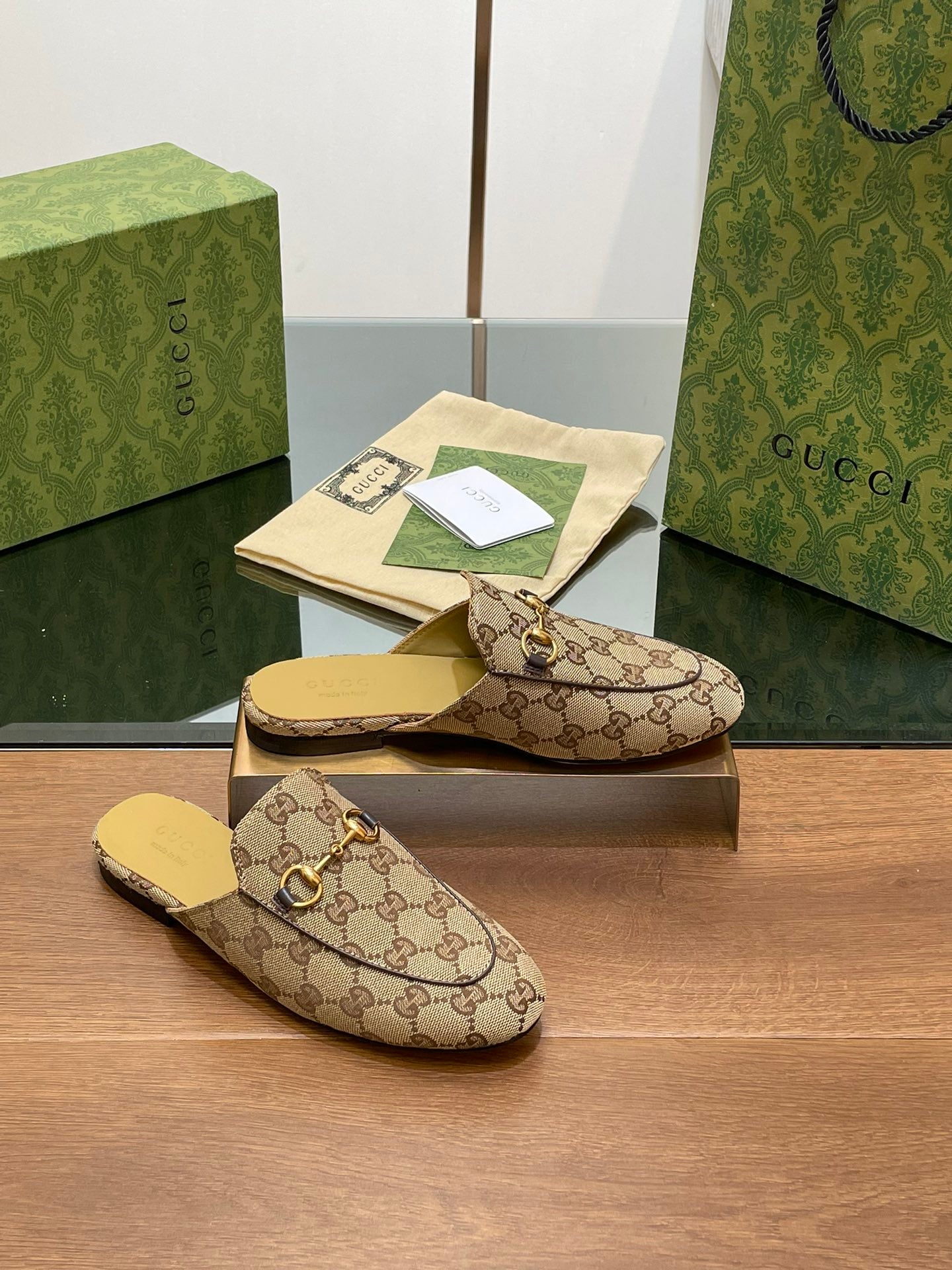 GUCCI PRINCETOWN MULES LIGHT BROWN FABRIC