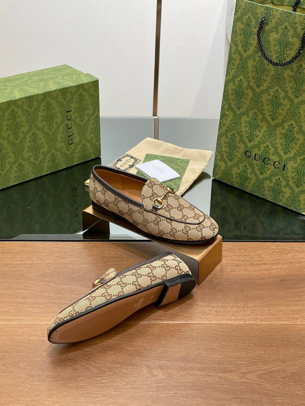 GUCCI JORDAAN LOAFER LIGHT BROWN WOVEN FABRIC