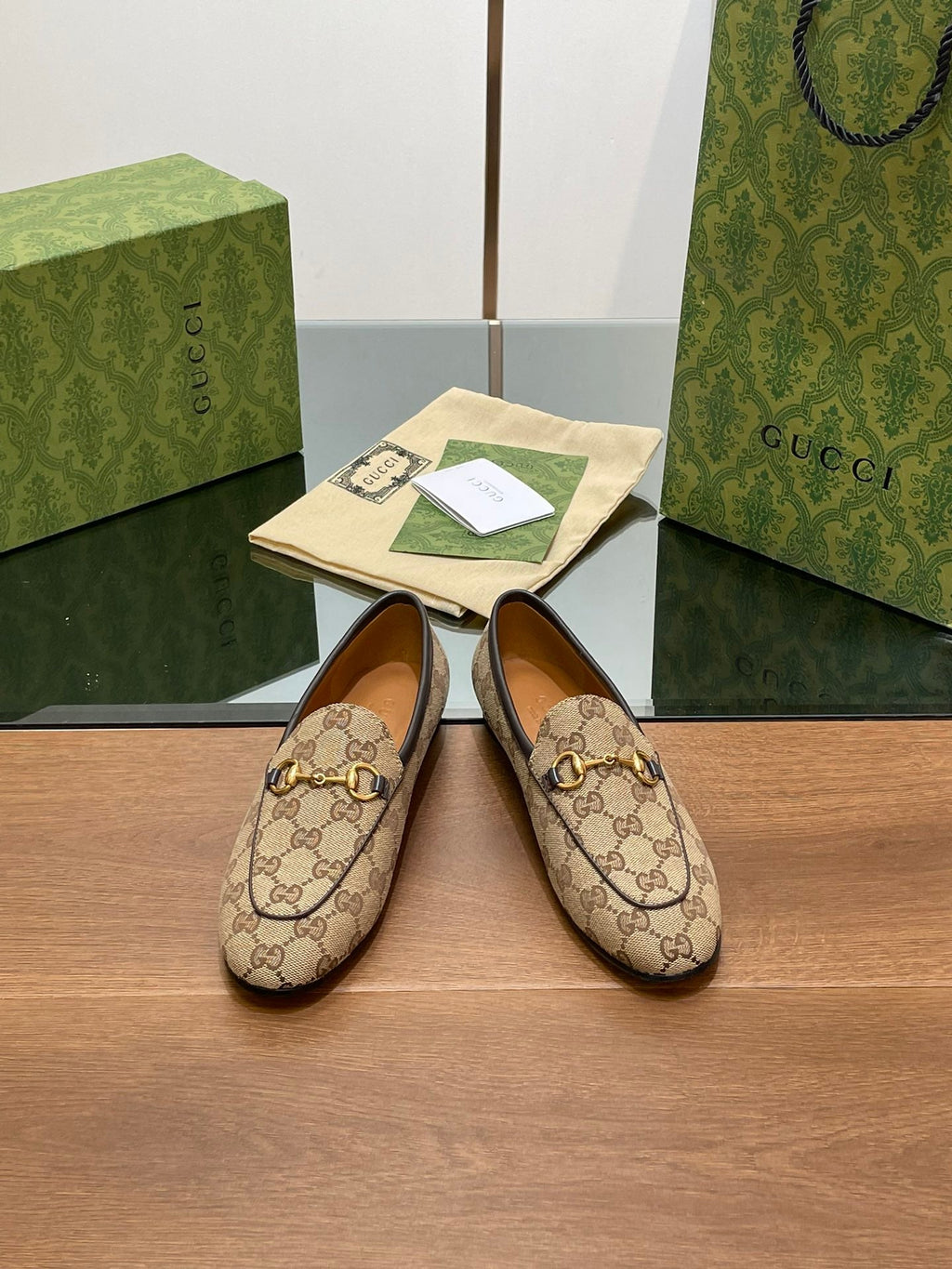 GUCCI JORDAAN LOAFER LIGHT BROWN WOVEN FABRIC