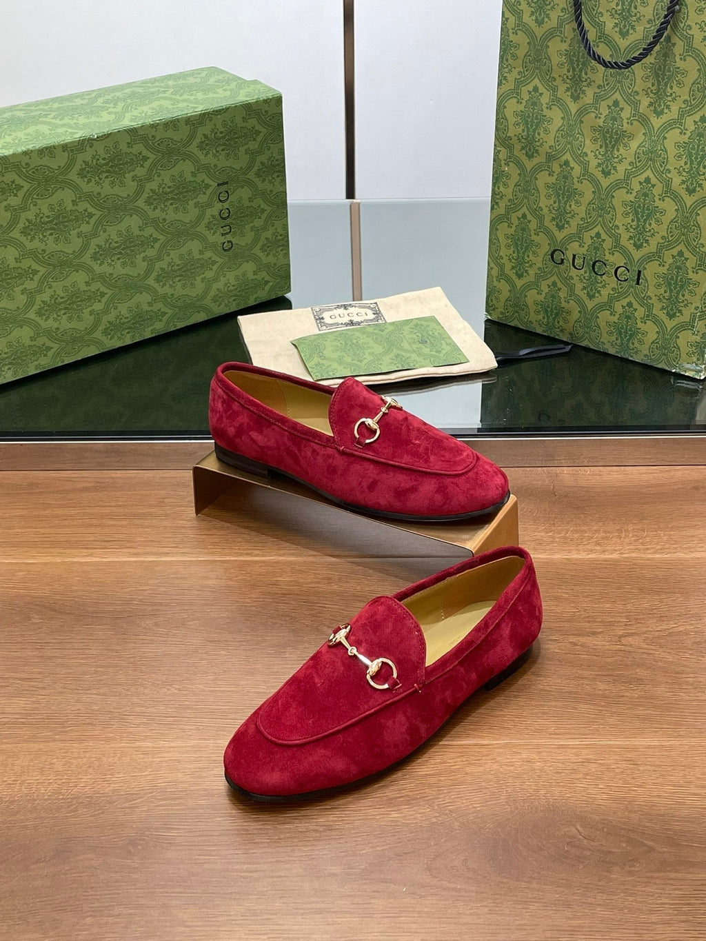 GUCCI HORSEBIT LOAFER IN CHERRY RED SUEDE WITH GOLD HARDWARE