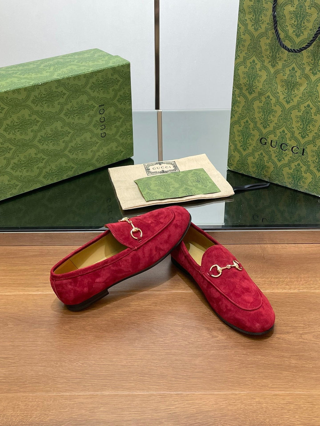 GUCCI HORSEBIT LOAFER IN CHERRY RED SUEDE WITH GOLD HARDWARE