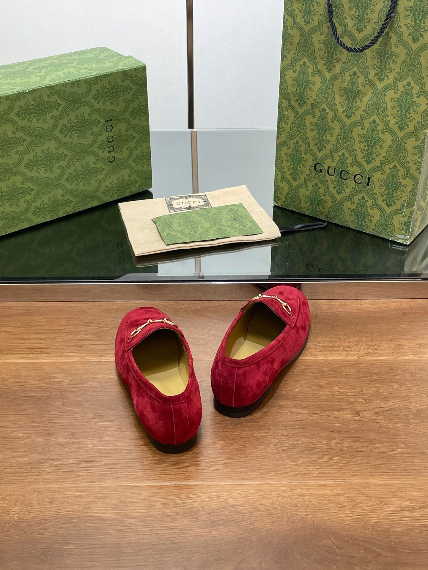 GUCCI HORSEBIT LOAFER IN CHERRY RED SUEDE WITH GOLD HARDWARE