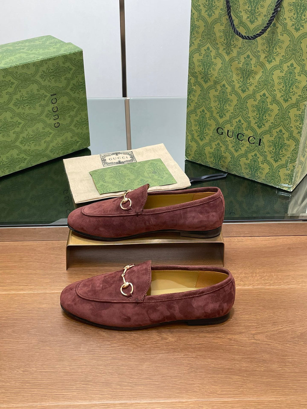 GUCCI HORSEBIT LOAFER IN UMBER BROWN SUEDE WITH GOLD HARDWARE