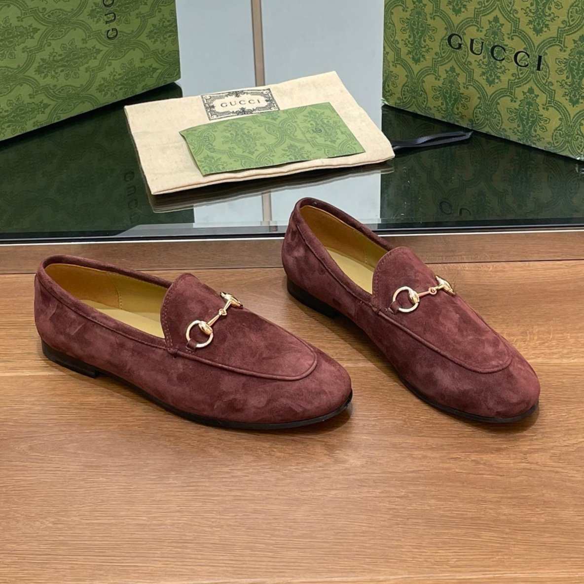 GUCCI HORSEBIT LOAFER IN UMBER BROWN SUEDE WITH GOLD HARDWARE
