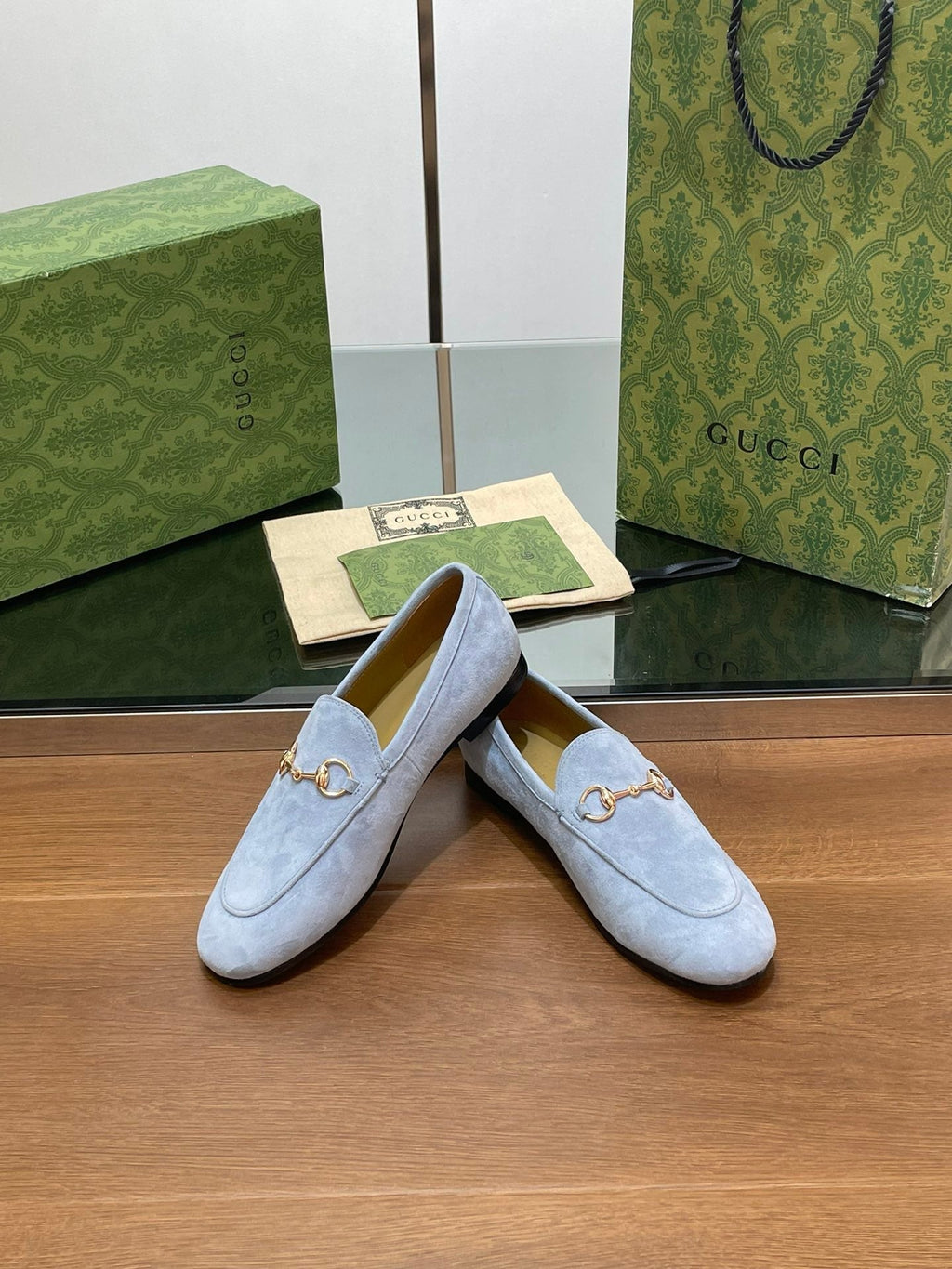 GUCCI HORSEBIT LOAFER IN LIGHT BLUE SUEDE WITH GOLD HARDWARE