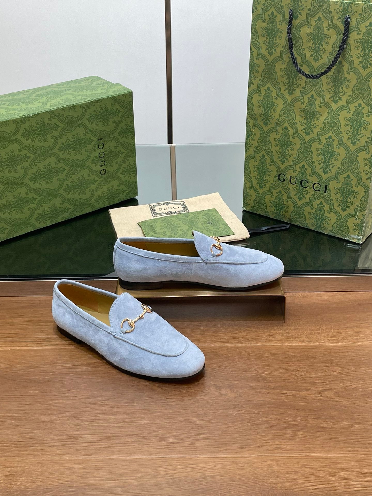 GUCCI HORSEBIT LOAFER IN LIGHT BLUE SUEDE WITH GOLD HARDWARE