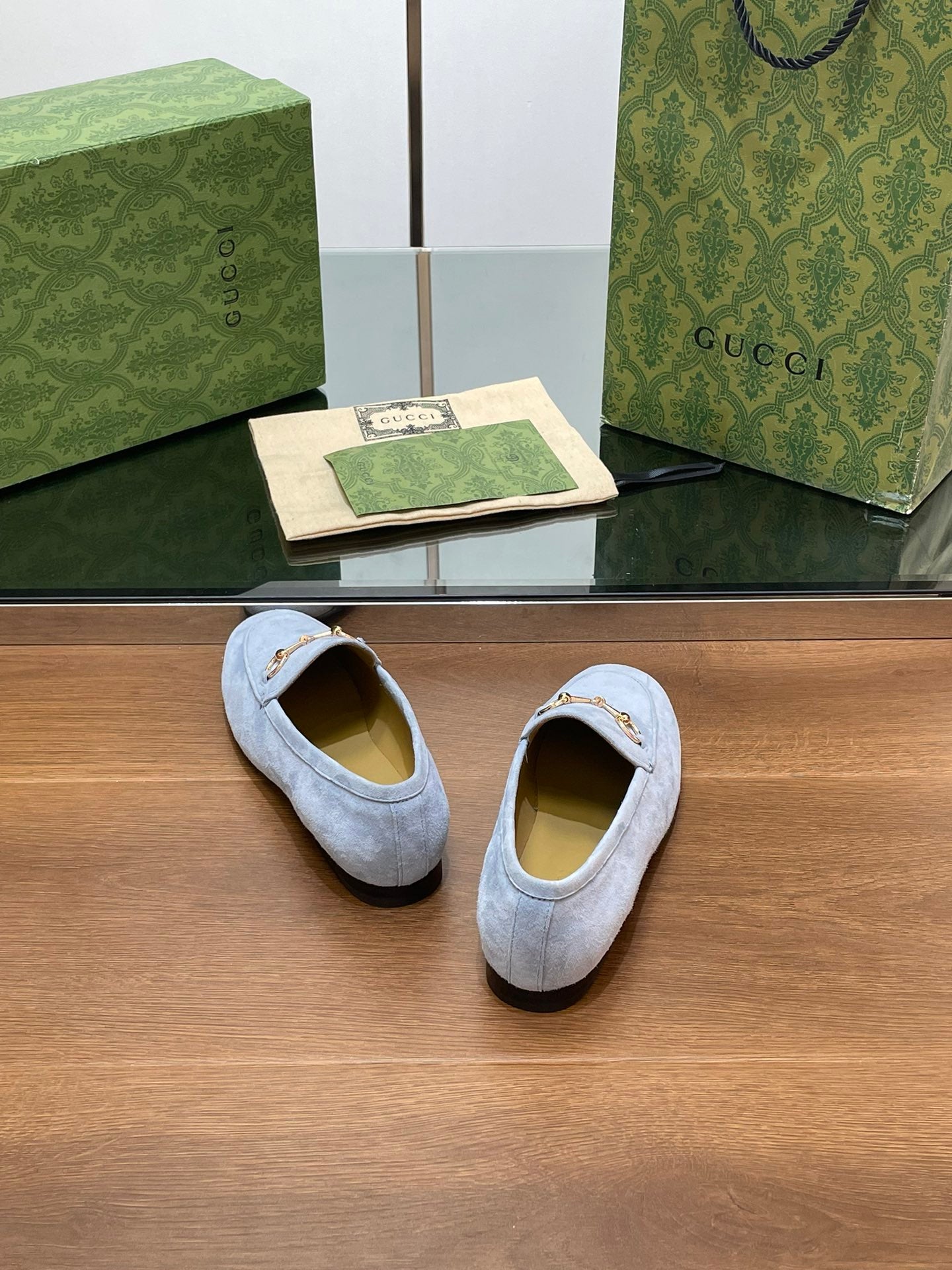 GUCCI HORSEBIT LOAFER IN LIGHT BLUE SUEDE WITH GOLD HARDWARE