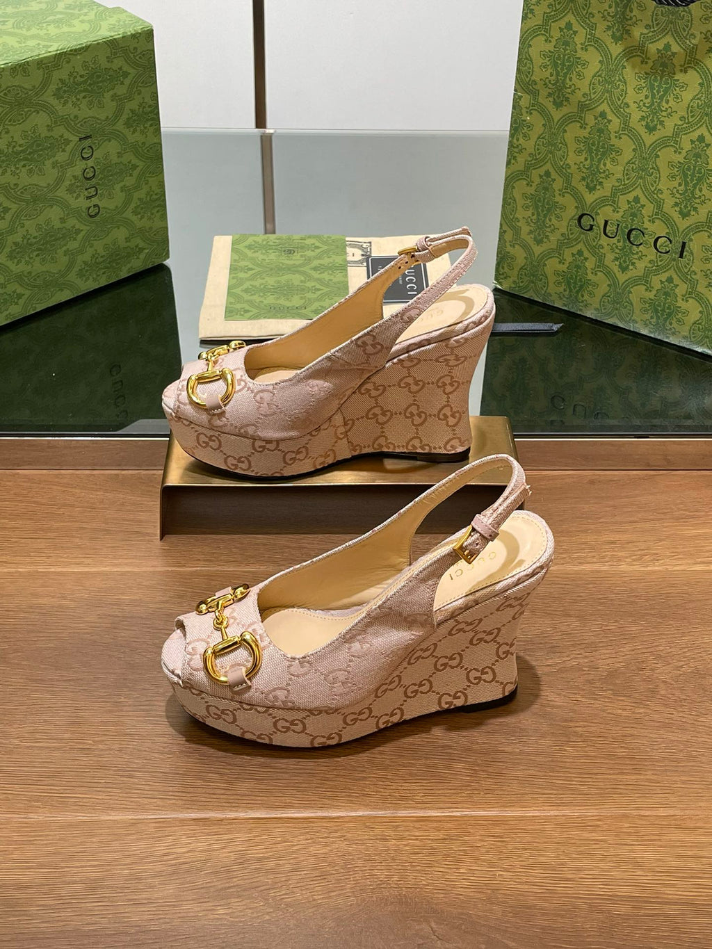 GUCCI WEDGE PLATFORM IN ALMOND BEIGE MONOGRAM JACQUARD FABRIC