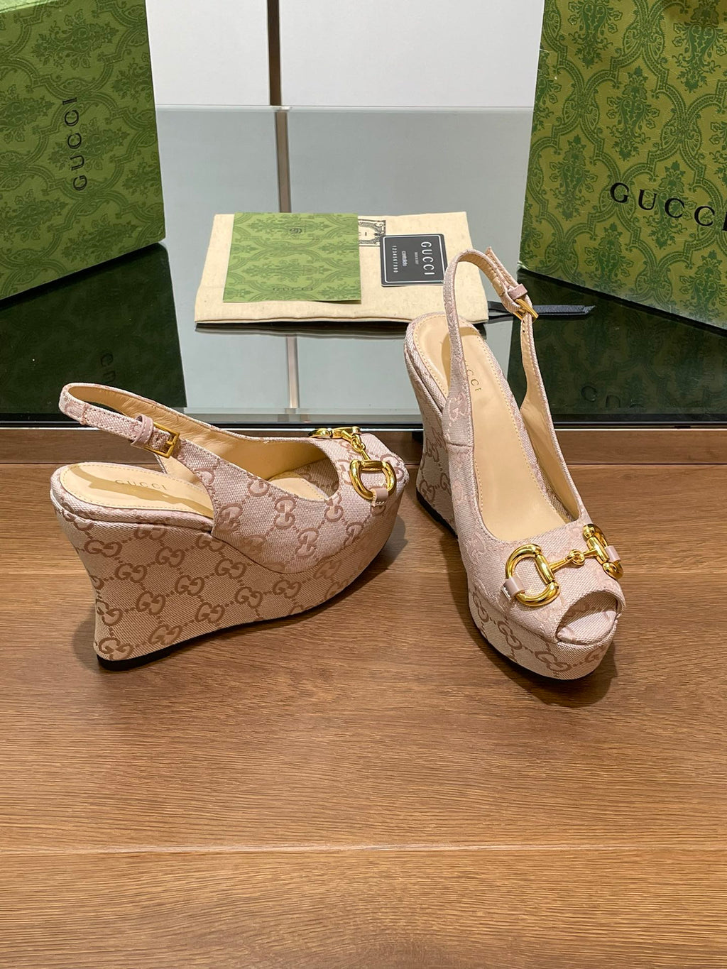 GUCCI WEDGE PLATFORM IN ALMOND BEIGE MONOGRAM JACQUARD FABRIC