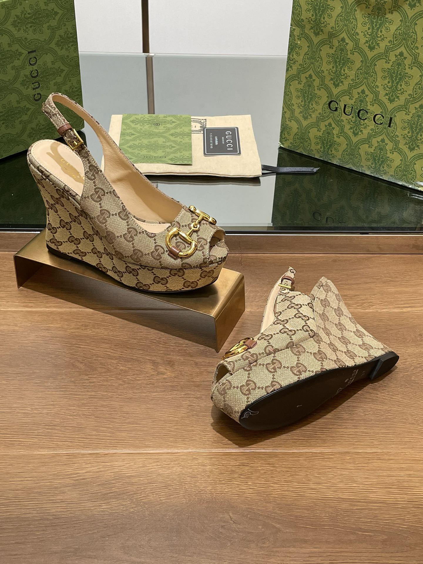 GUCCI WEDGE PLATFORM IN CAMEL BROWN MONOGRAM JACQUARD FABRIC