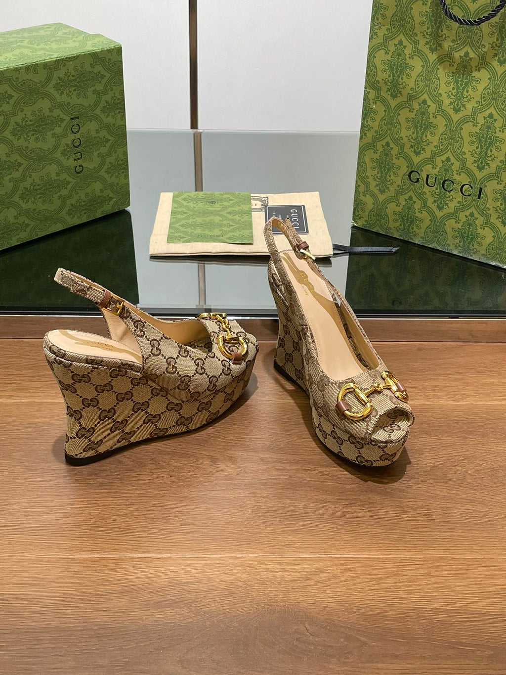 GUCCI WEDGE PLATFORM IN CAMEL BROWN MONOGRAM JACQUARD FABRIC