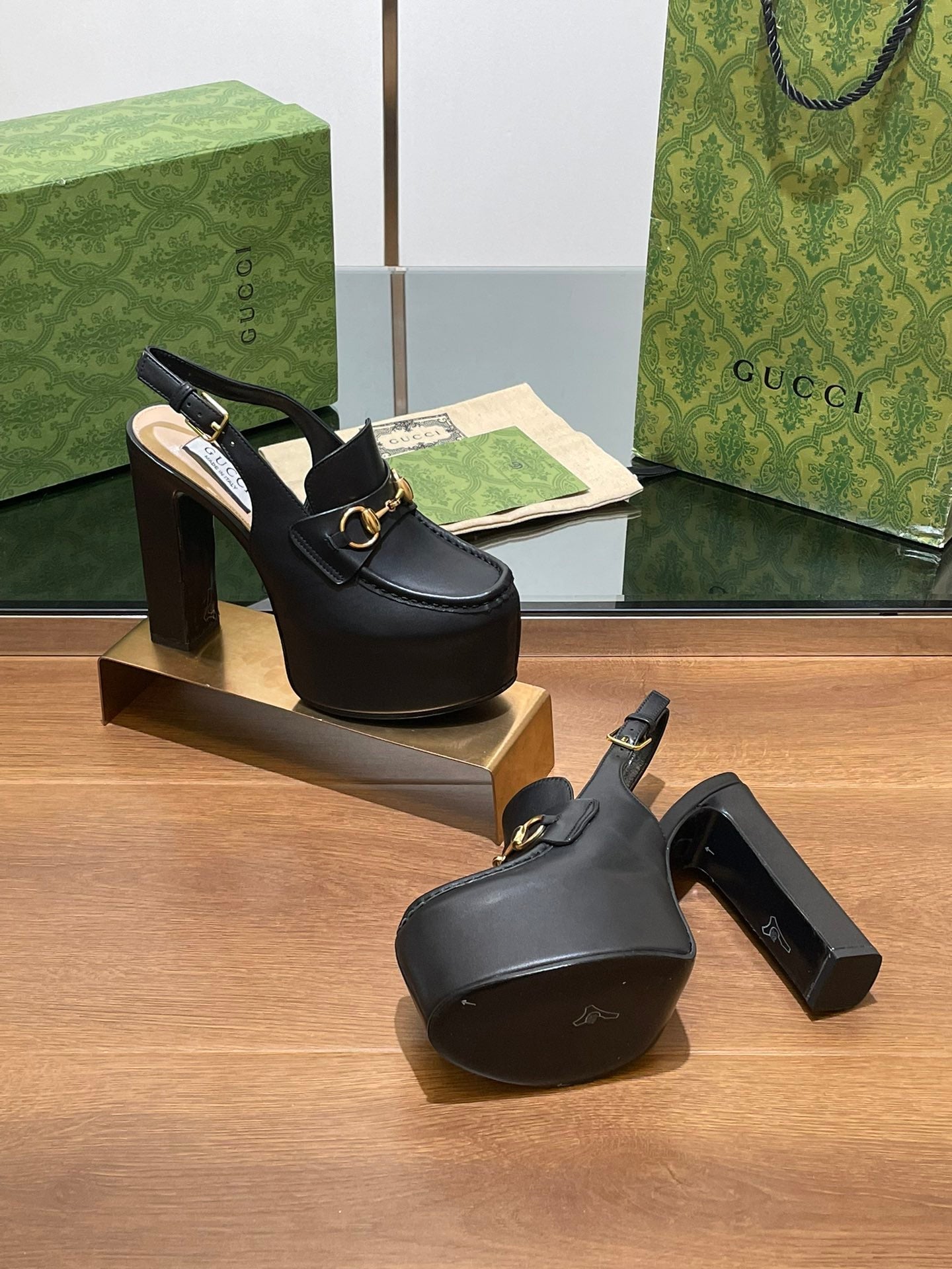 GUCCI WOMEN'S HORSEBIT PLATFORM LOAFER SLINGBACK IN BLACK CALFSKIN