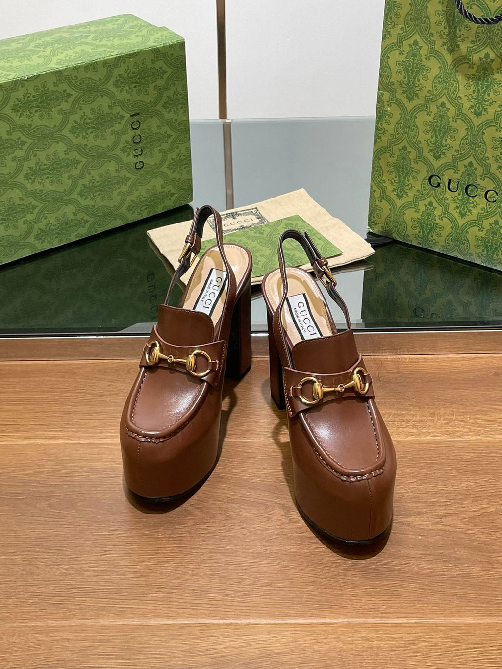 GUCCI WOMEN'S HORSEBIT PLATFORM LOAFER SLINGBACK IN DARK BROWN CALFSKIN
