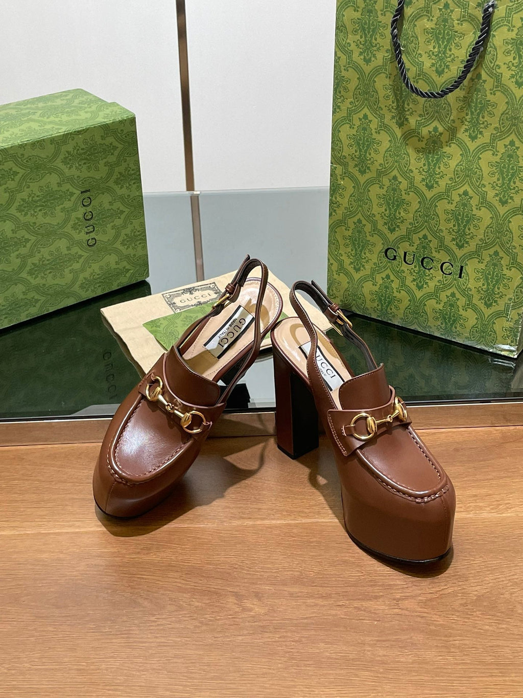 GUCCI WOMEN'S HORSEBIT PLATFORM LOAFER SLINGBACK IN DARK BROWN CALFSKIN