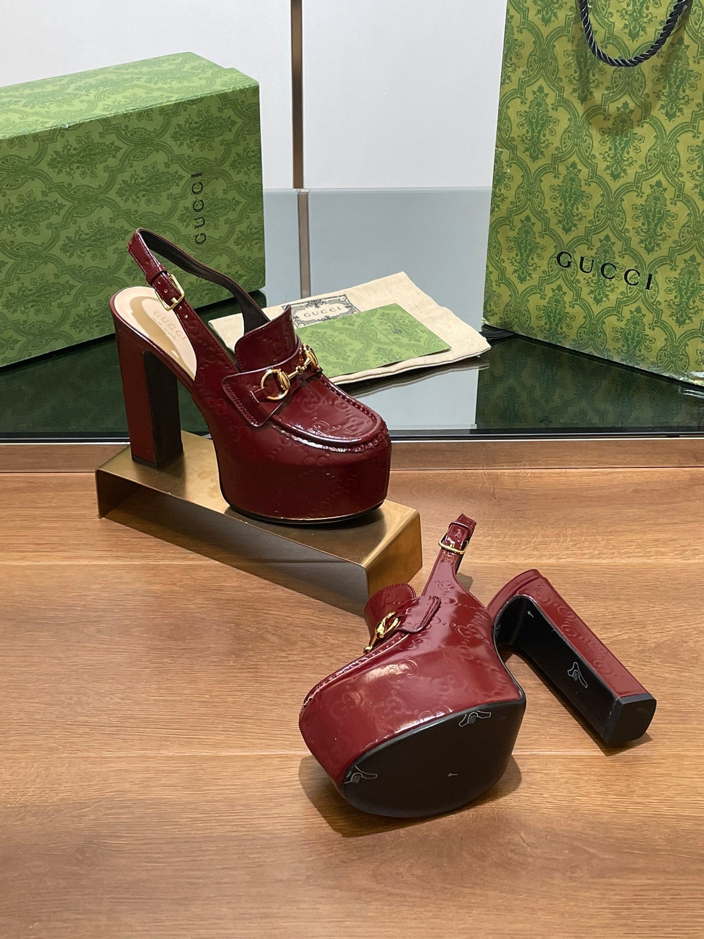 GUCCI WOMEN'S HORSEBIT PLATFORM LOAFER SLINGBACK IN  ROSSO ANCORA RED CALFSKIN