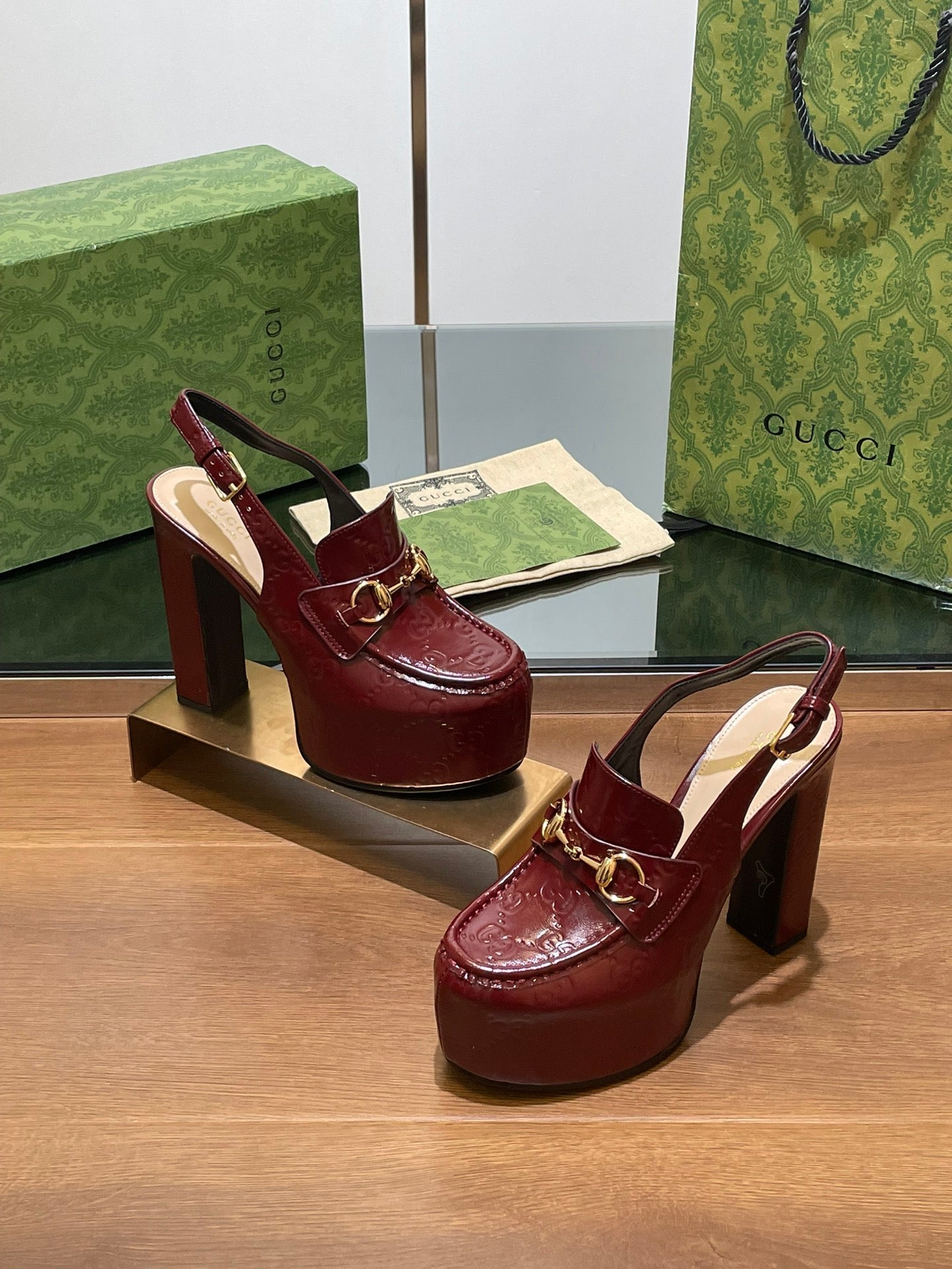 GUCCI WOMEN'S HORSEBIT PLATFORM LOAFER SLINGBACK IN  ROSSO ANCORA RED CALFSKIN