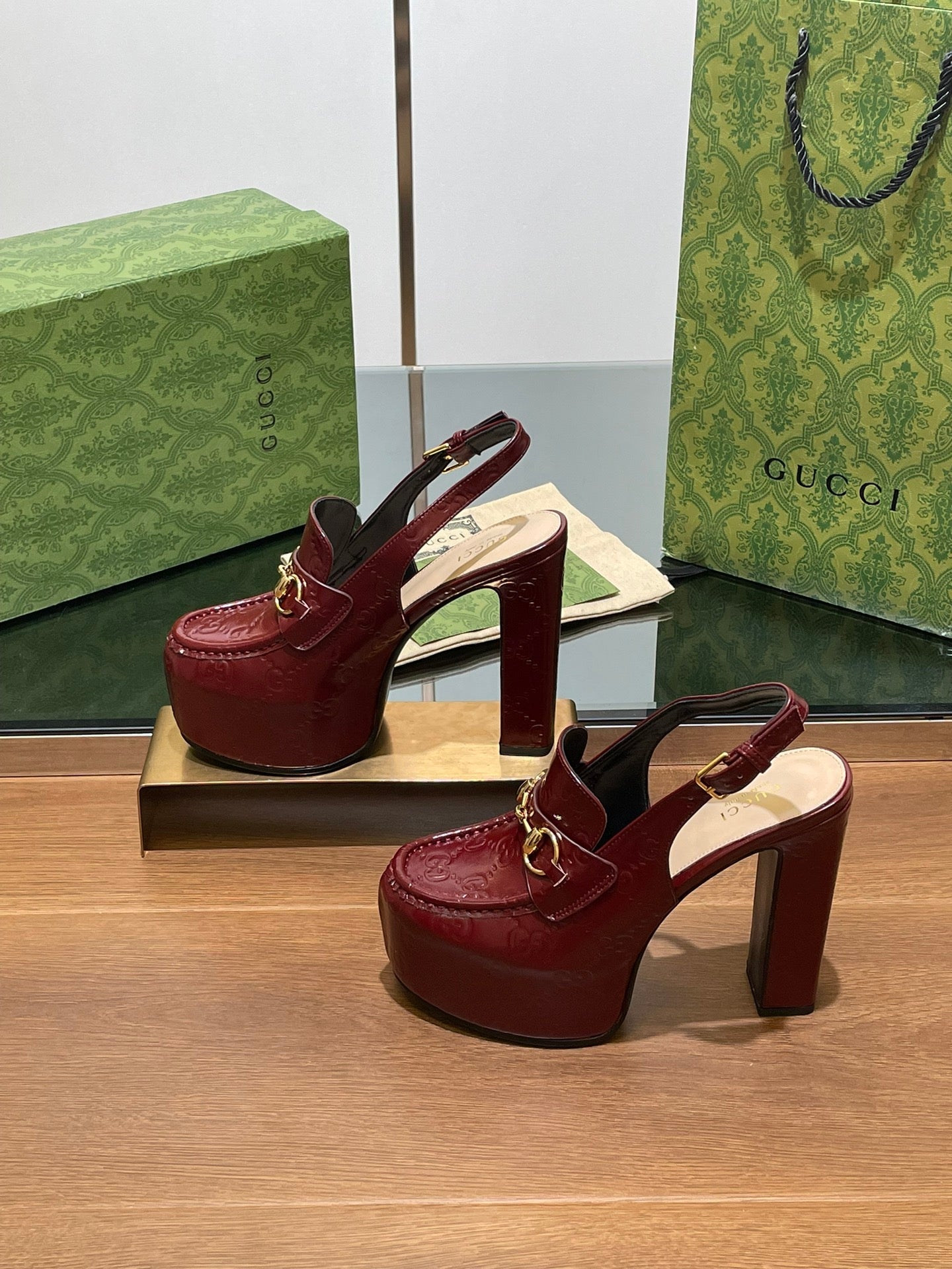GUCCI WOMEN'S HORSEBIT PLATFORM LOAFER SLINGBACK IN  ROSSO ANCORA RED CALFSKIN