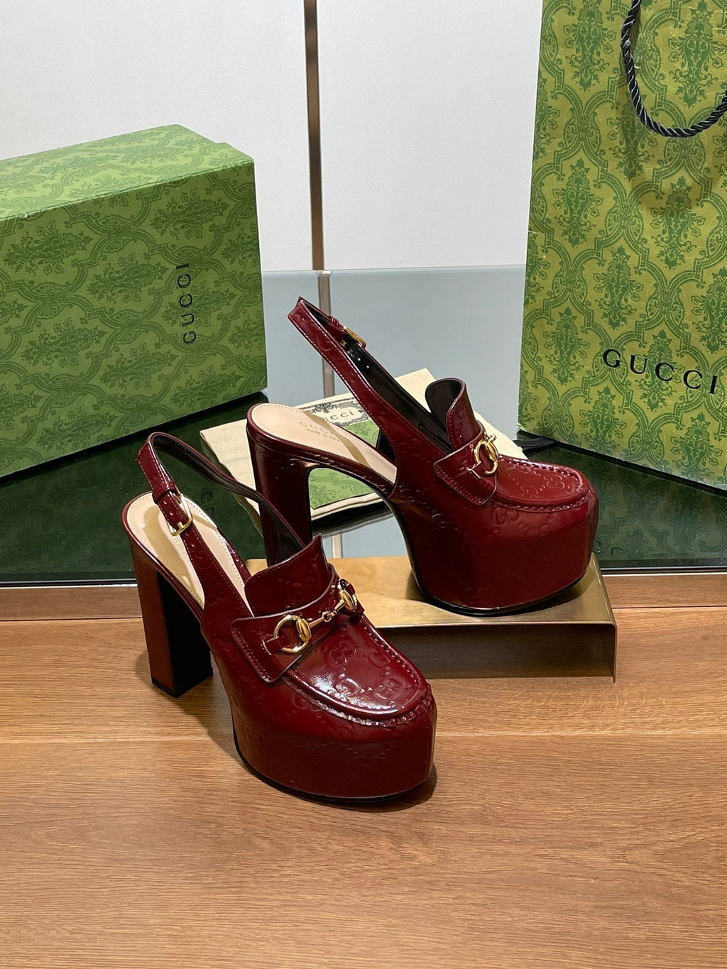 GUCCI WOMEN'S HORSEBIT PLATFORM LOAFER SLINGBACK IN  ROSSO ANCORA RED CALFSKIN