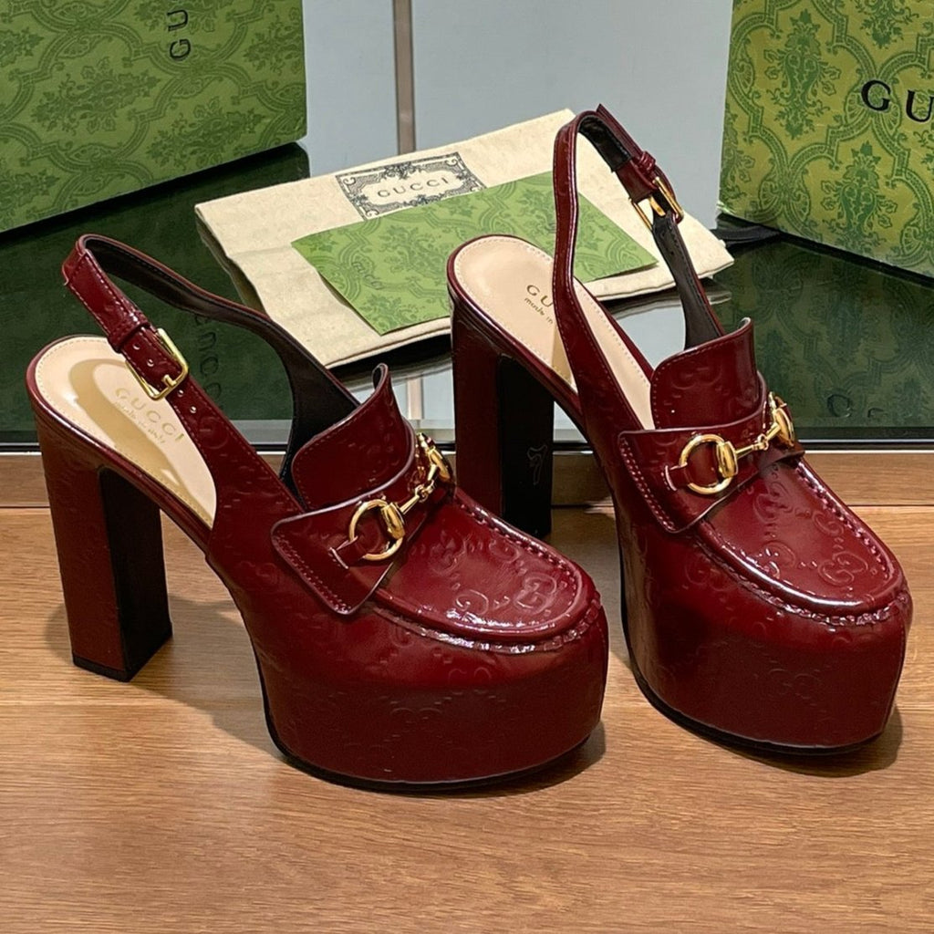 GUCCI WOMEN'S HORSEBIT PLATFORM LOAFER SLINGBACK IN  ROSSO ANCORA RED CALFSKIN