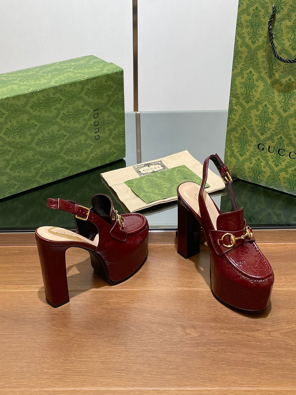 GUCCI WOMEN'S HORSEBIT PLATFORM LOAFER SLINGBACK IN  ROSSO ANCORA RED CALFSKIN