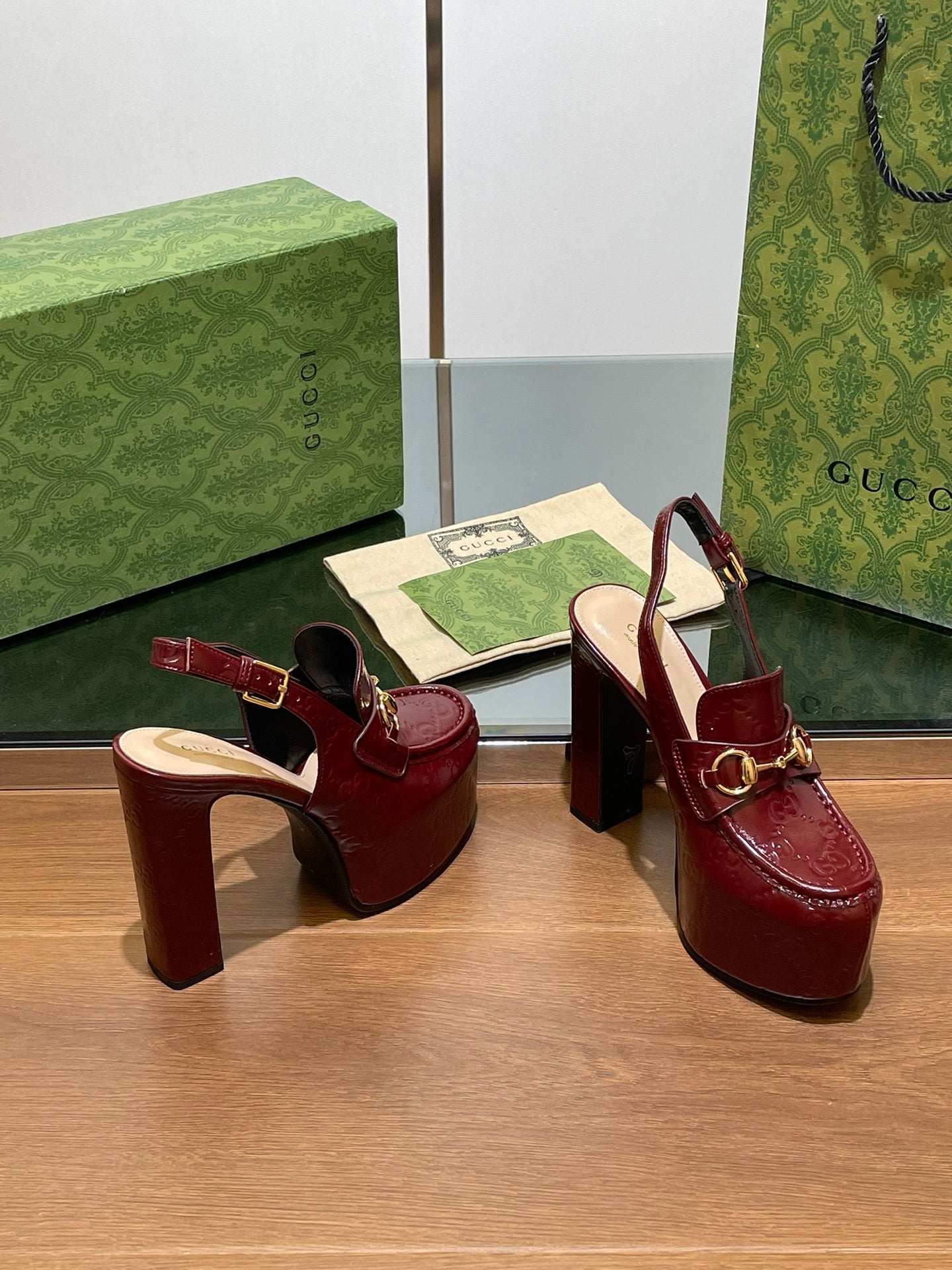 GUCCI WOMEN'S HORSEBIT PLATFORM LOAFER SLINGBACK IN  ROSSO ANCORA RED CALFSKIN