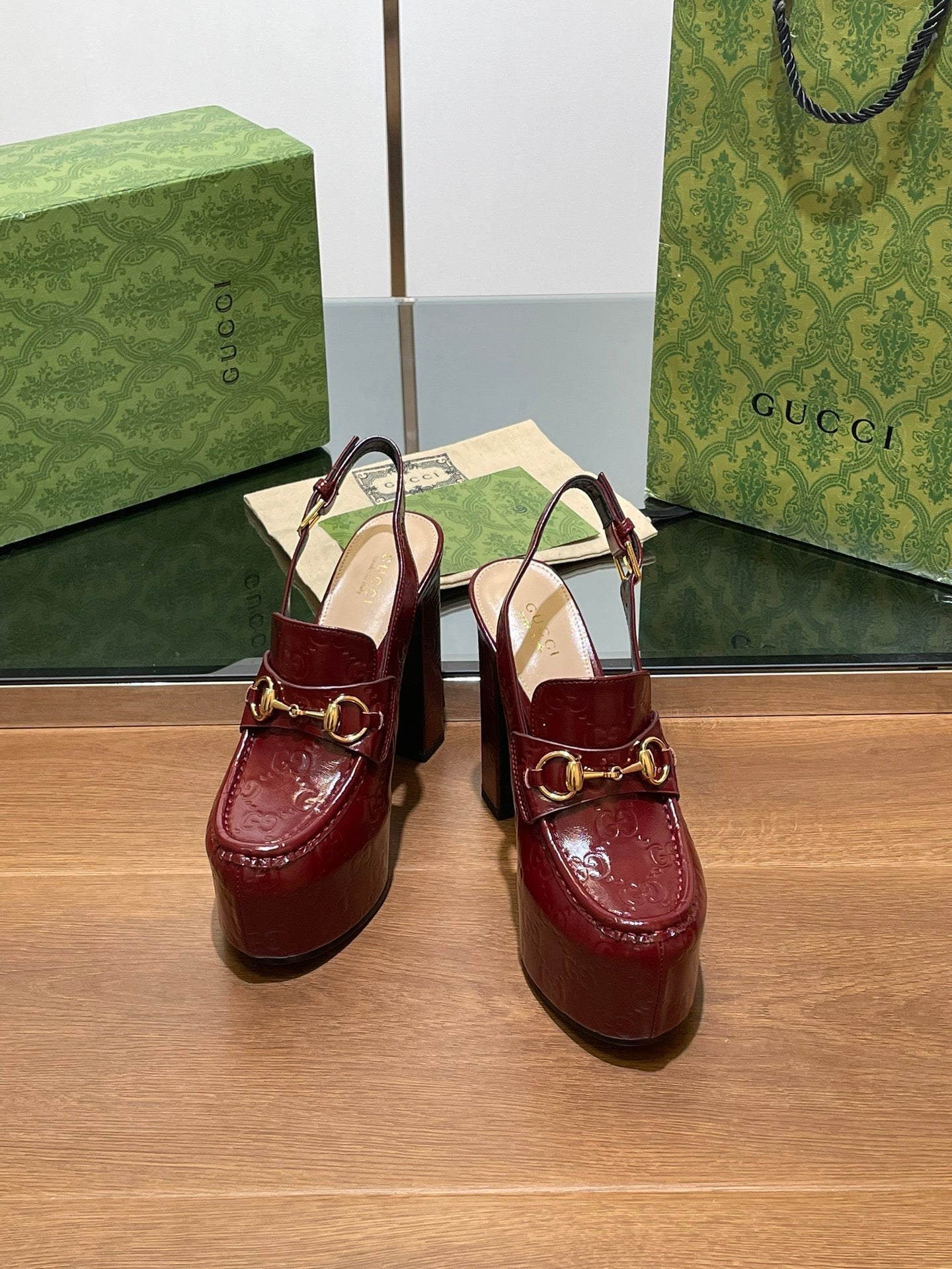 GUCCI WOMEN'S HORSEBIT PLATFORM LOAFER SLINGBACK IN  ROSSO ANCORA RED CALFSKIN