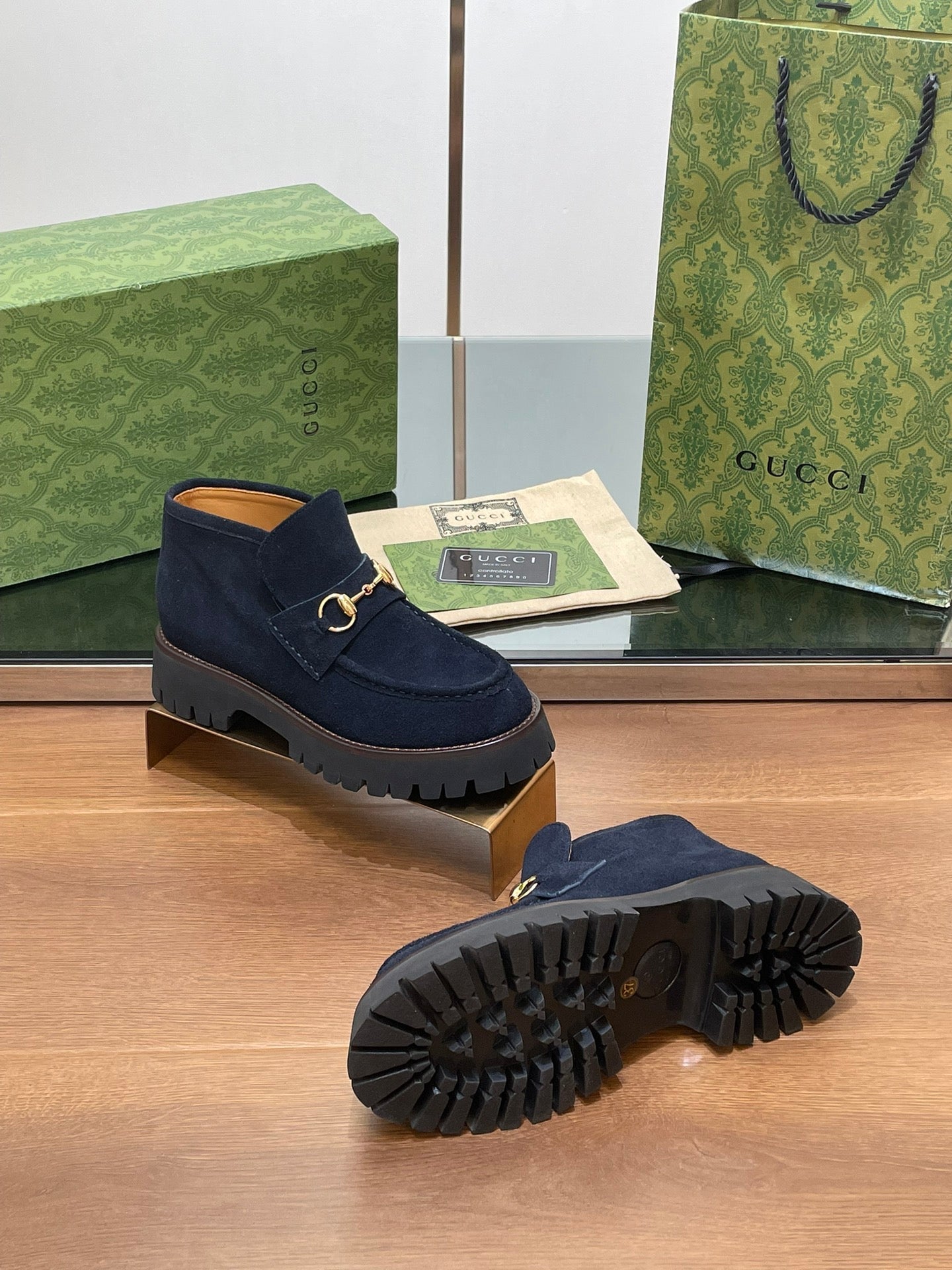 GUCCI WOMEN'S HORSEBIT ANKLE BOOTS 4.5CM IN NAVY BLUE SUEDE
