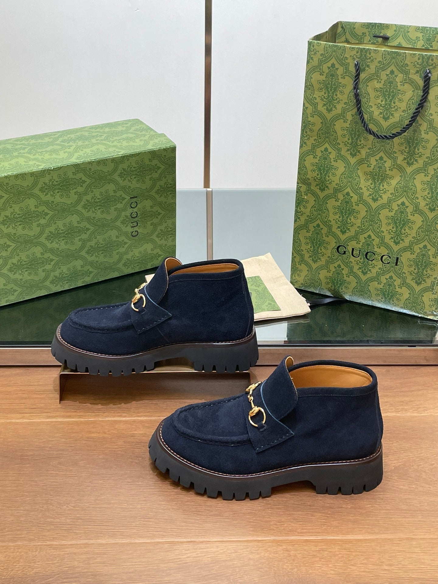 GUCCI WOMEN'S HORSEBIT ANKLE BOOTS 4.5CM IN NAVY BLUE SUEDE