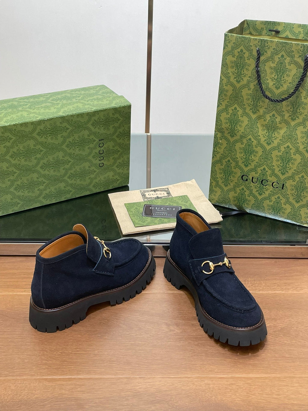 GUCCI WOMEN'S HORSEBIT ANKLE BOOTS 4.5CM IN NAVY BLUE SUEDE
