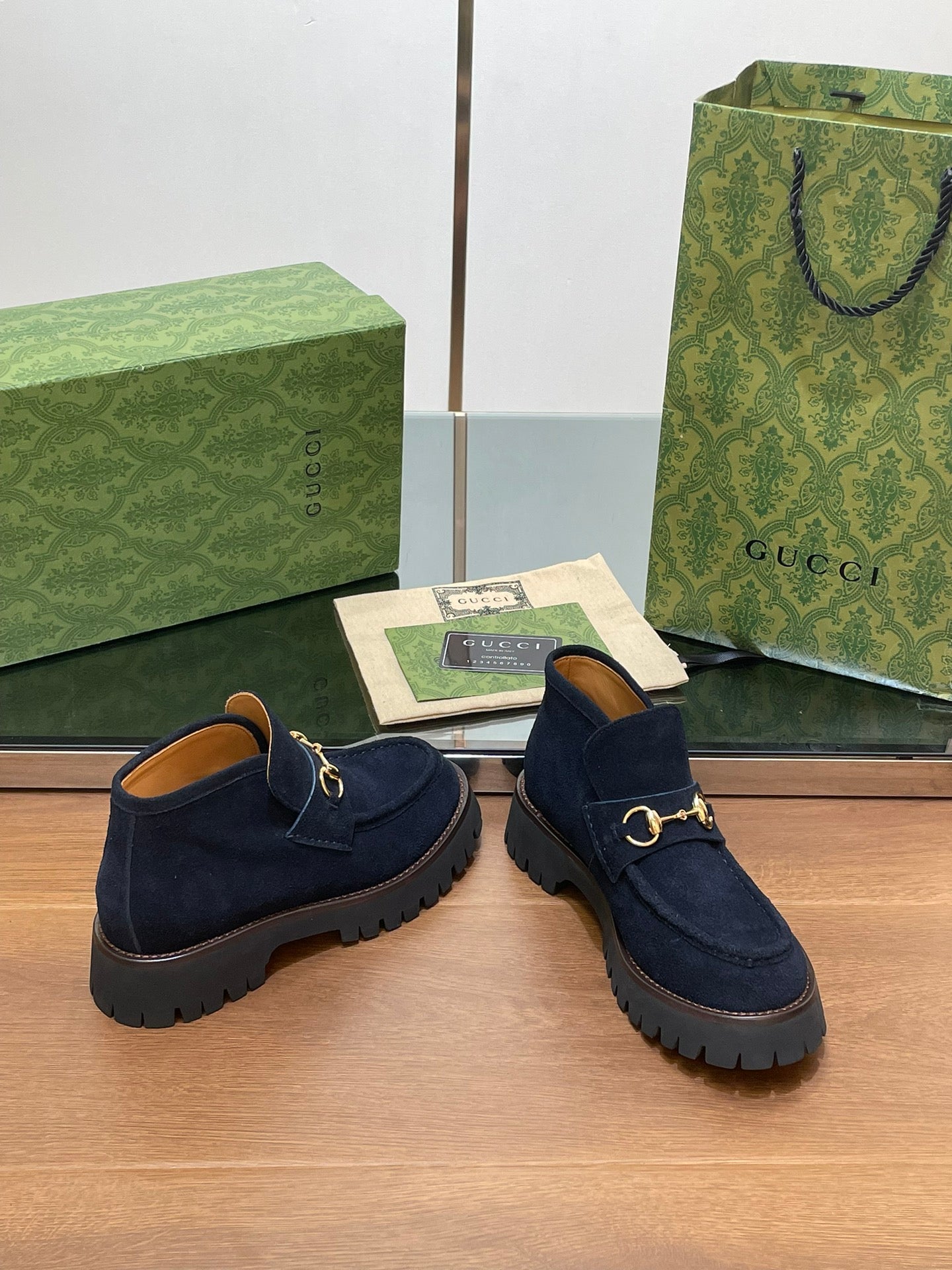 GUCCI WOMEN'S HORSEBIT ANKLE BOOTS 4.5CM IN NAVY BLUE SUEDE