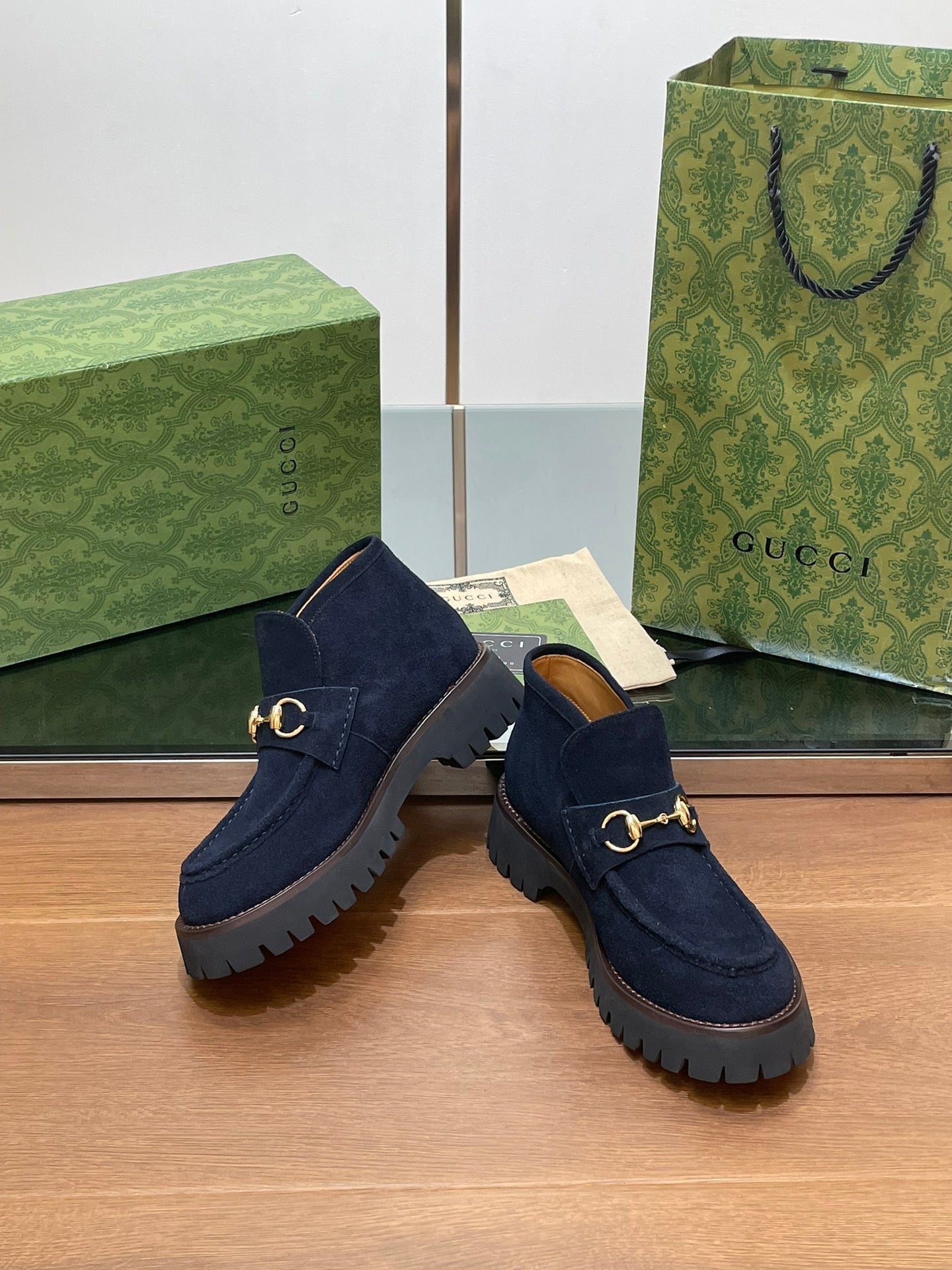 GUCCI WOMEN'S HORSEBIT ANKLE BOOTS 4.5CM IN NAVY BLUE SUEDE