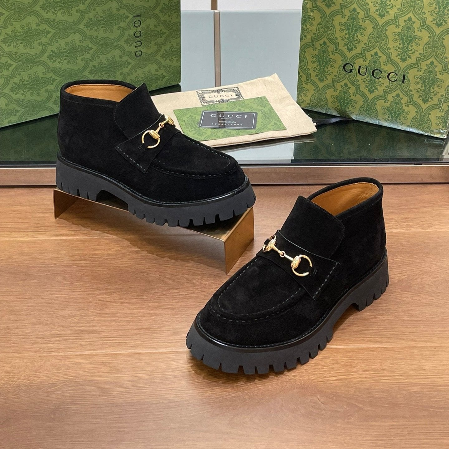 GUCCI WOMEN'S HORSEBIT ANKLE BOOTS 4.5CM IN BLACK SUEDE