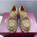 GUCCI HORSEBIT PLATFORM LOAFER IN TAN BEIGE MONOGRAM JACQUARD FABRIC