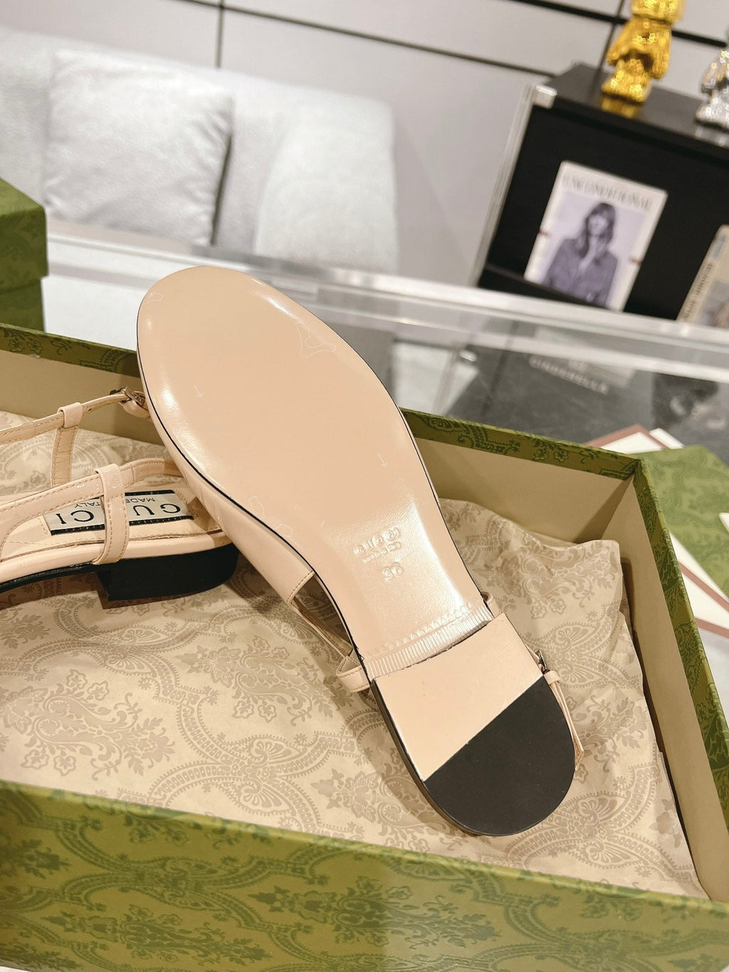 GUCCI CRYSTALS SLINGBACK BALLET CREAM CALFSKIN