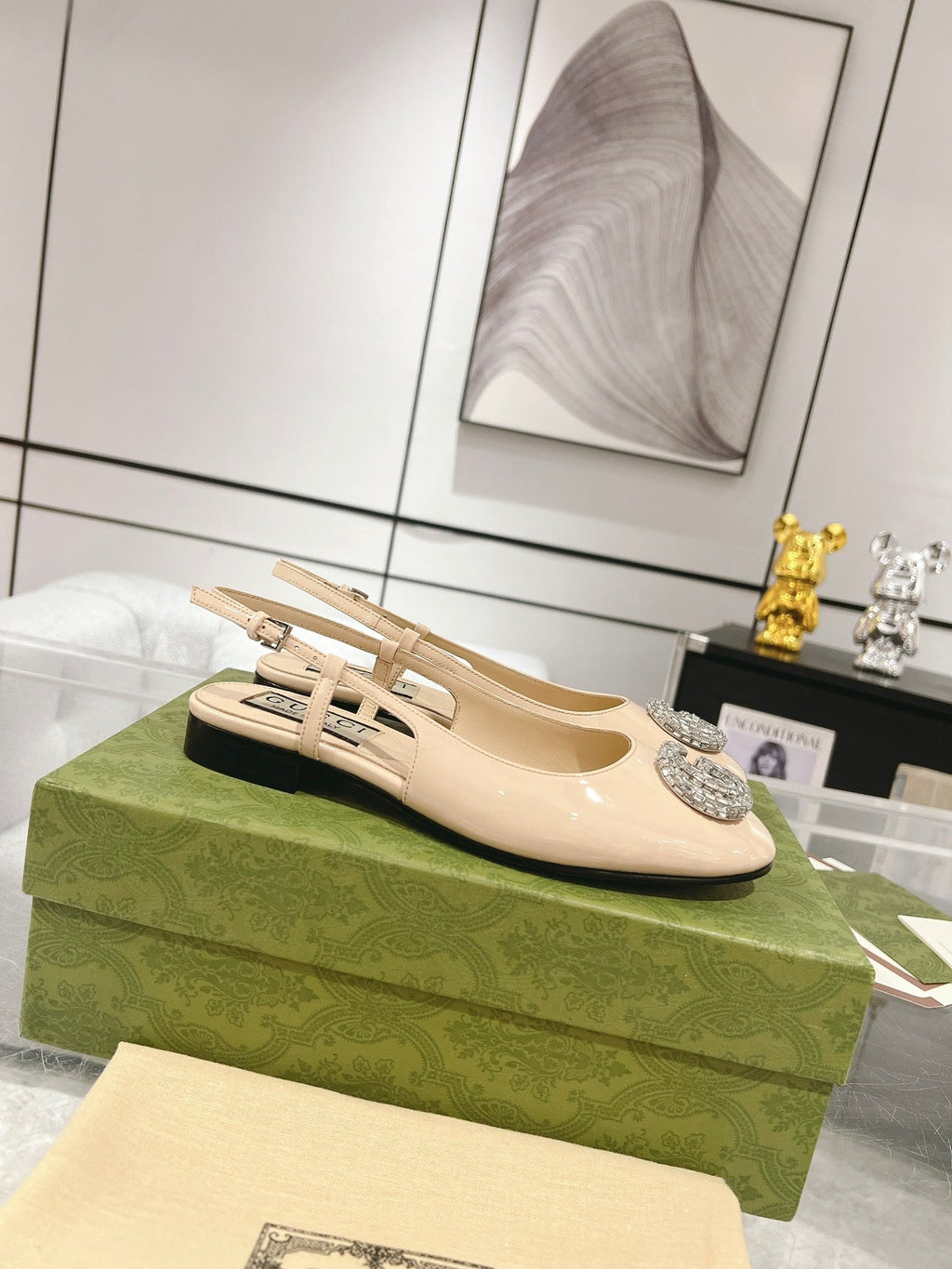 GUCCI CRYSTALS SLINGBACK BALLET CREAM CALFSKIN