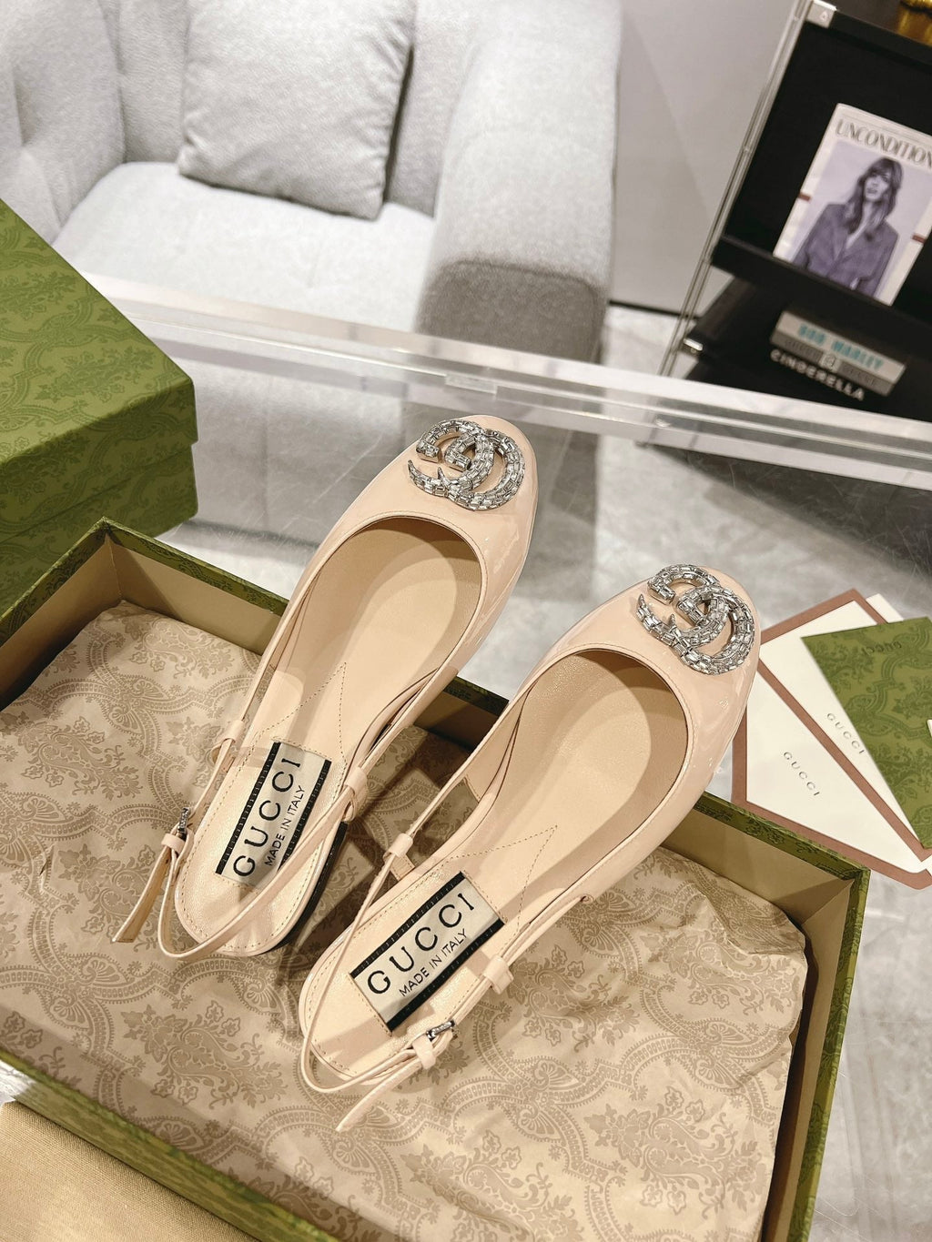 GUCCI METALIC SLINGBACK FLATS IN TAN BEIGE CALFSKIN