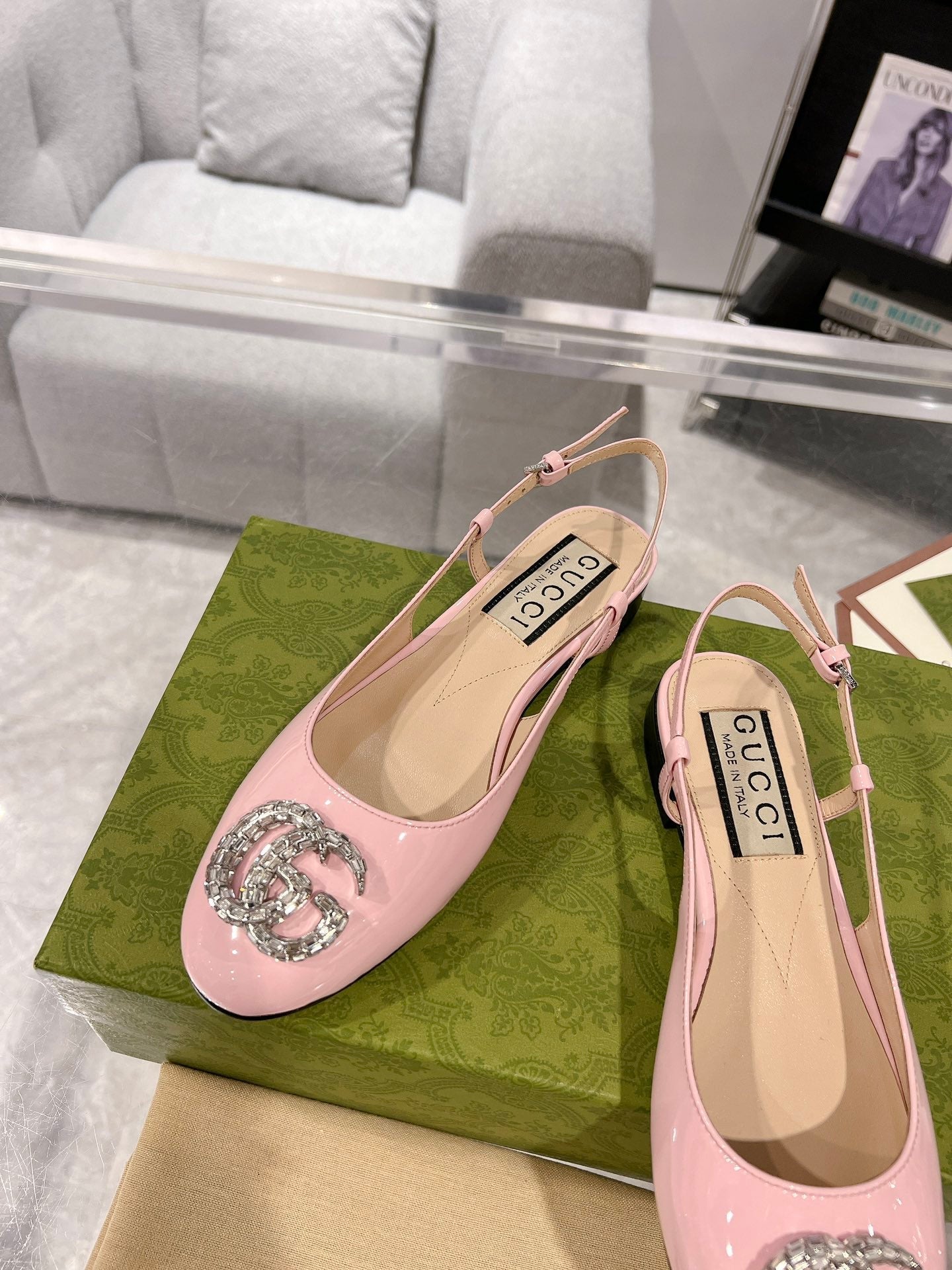 GUCCI CRYSTALS SLINGBACK BALLET LIGHT PINK CALFSKIN