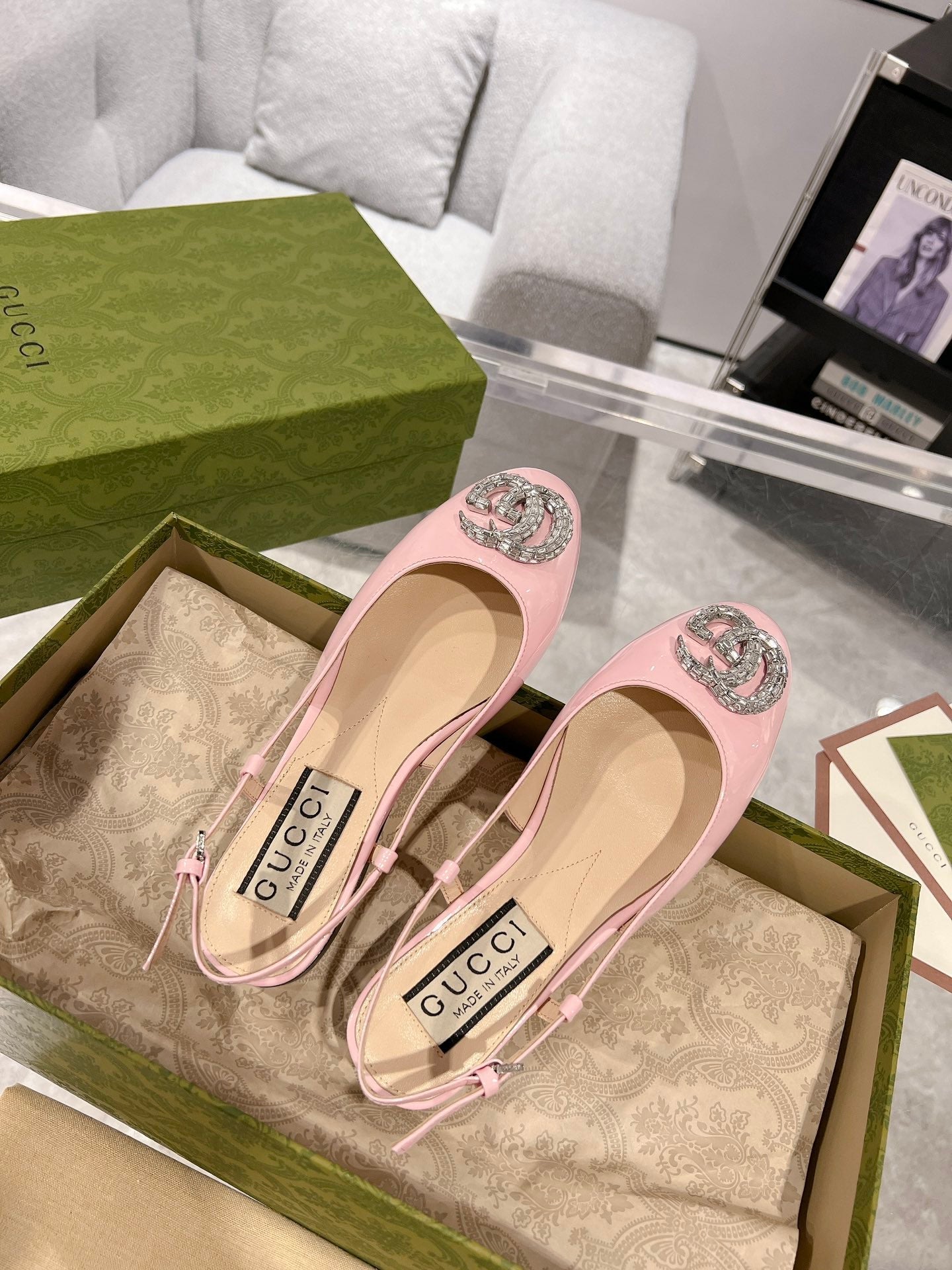 GUCCI CRYSTALS SLINGBACK BALLET LIGHT PINK CALFSKIN