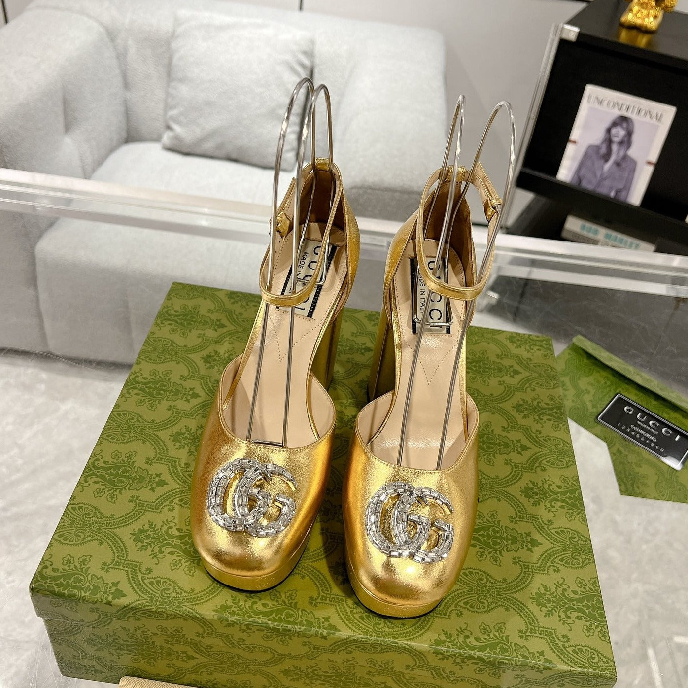 GUCCI CRYSTALS PLATFORM PUMPS METALLIC GOLD CALFSKIN