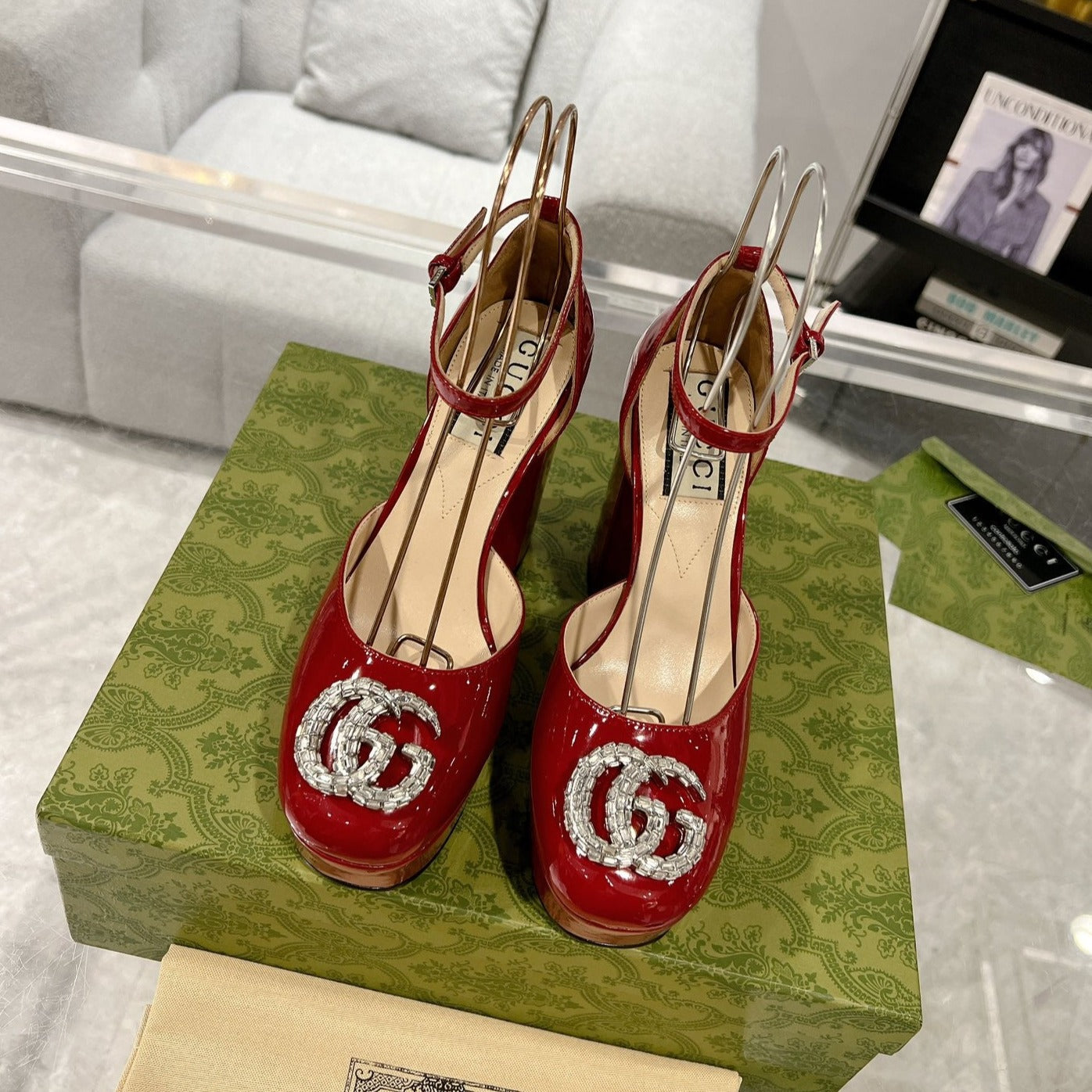 GUCCI CRYSTALS PLATFORM PUMPS SCARLET CALFSKIN