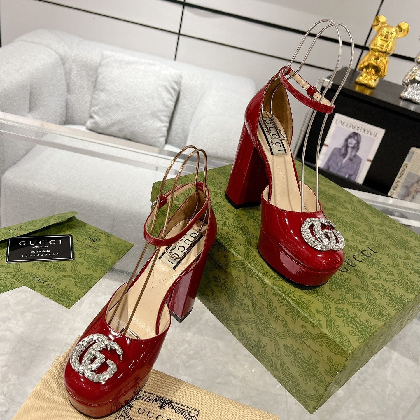 GUCCI HIGH SANDAL SQUARE HEEL 12 CM IN CHERRY RED CALFSKIN
