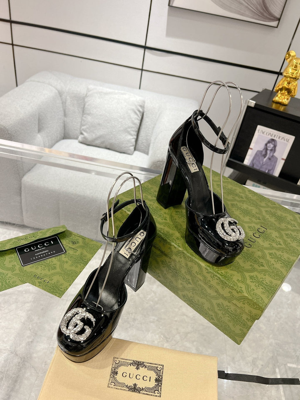 GUCCI CRYSTALS PLATFORM PUMPS BLACK CALFSKIN