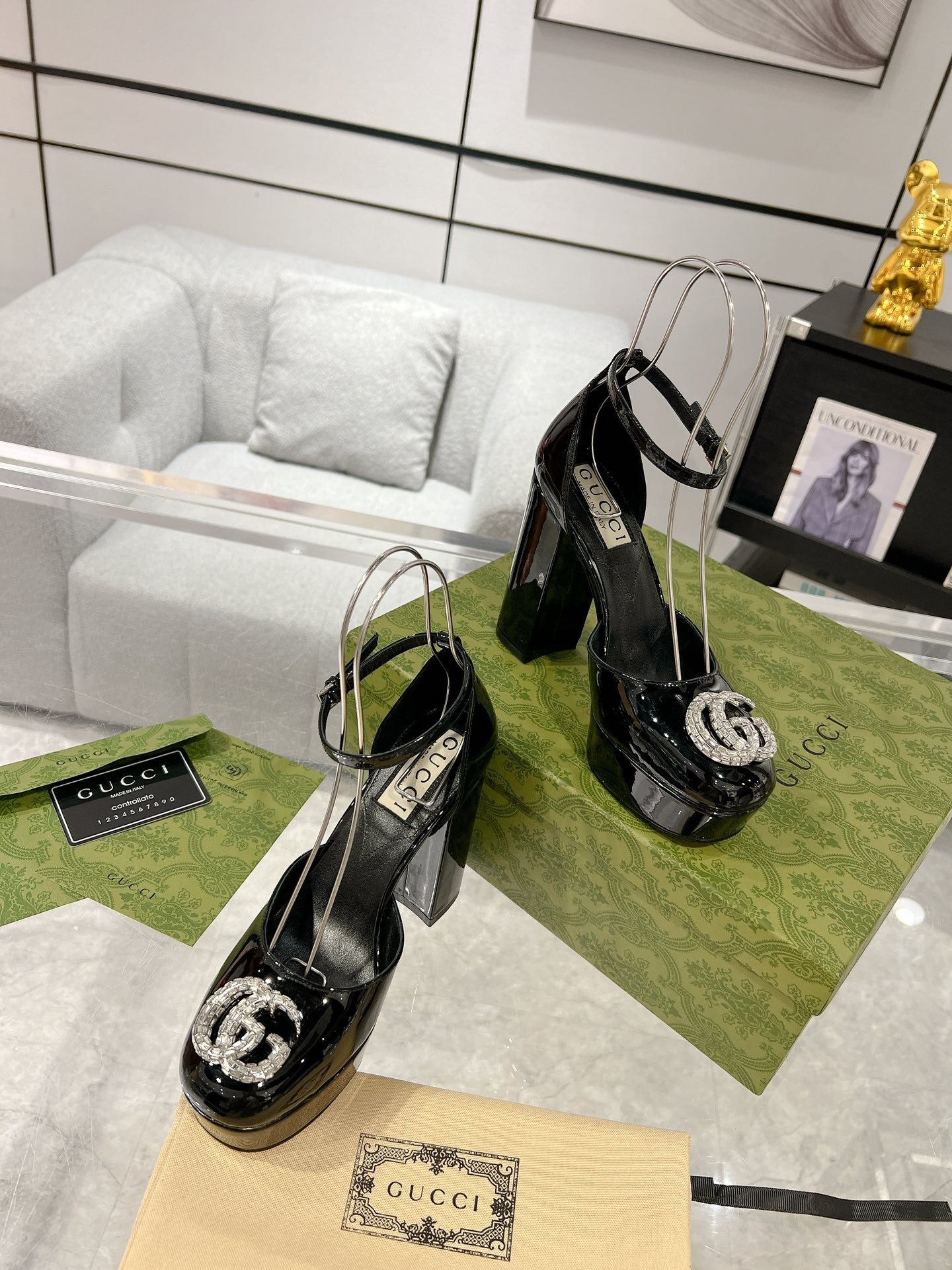 GUCCI CRYSTALS PLATFORM PUMPS BLACK CALFSKIN