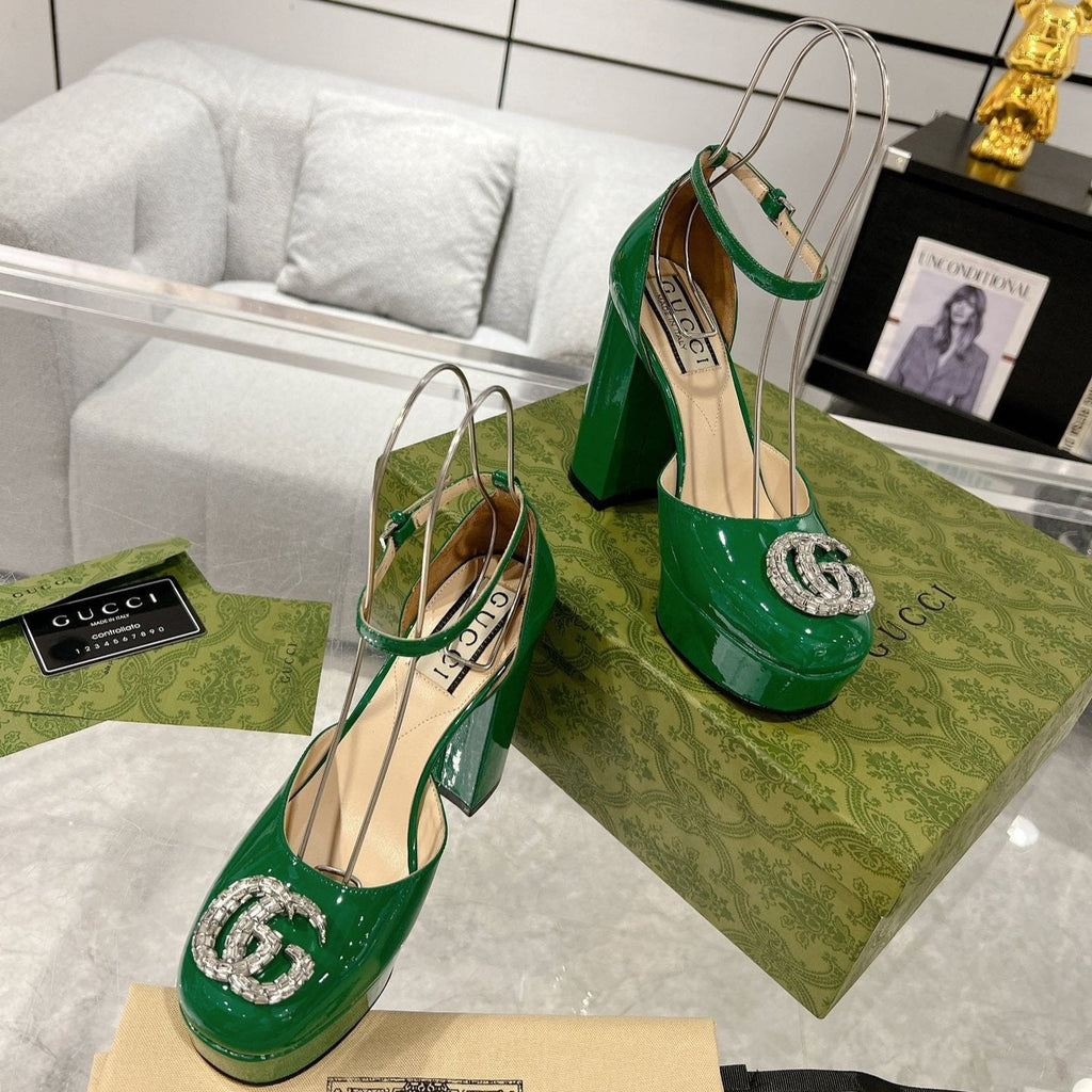 GUCCI HIGH SANDAL SQUARE HEEL 12 CM IN DARK GREEN CALFSKIN