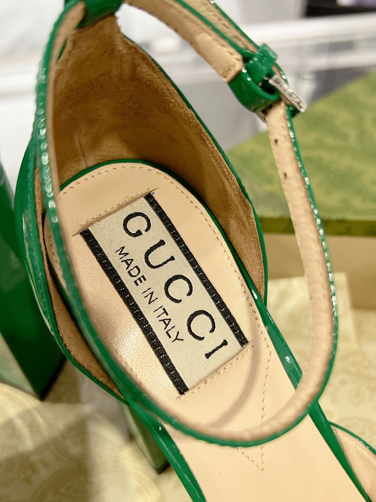 GUCCI HIGH SANDAL SQUARE HEEL 12 CM IN DARK GREEN CALFSKIN