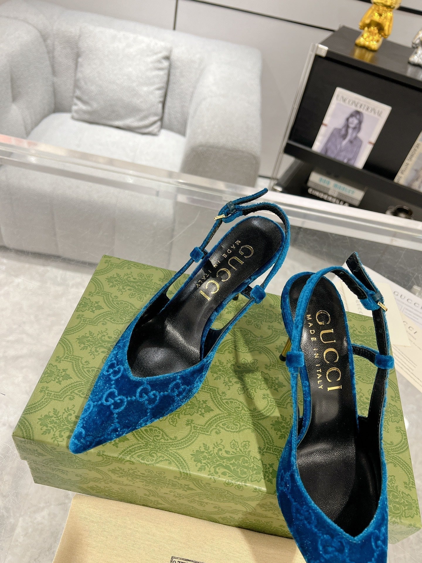 GUCCI SLINGBACK HIGH HEEL PUMP AZURE VELVET