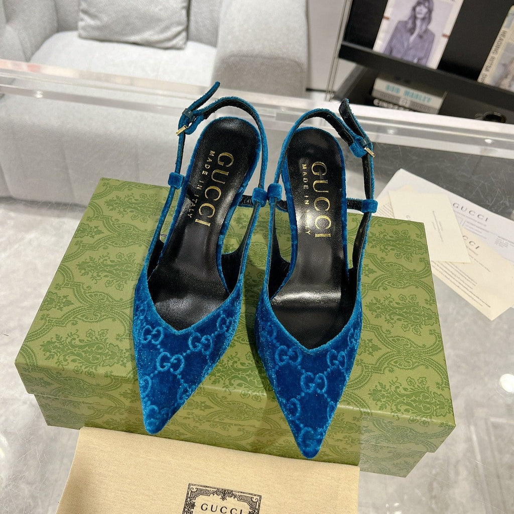 GUCCI SLINGBACK HIGH HEEL PUMP AZURE VELVET